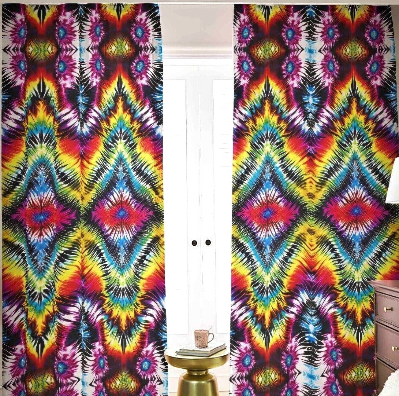 Psychedelic Tie Dye Blackout Curtains Tied Dyed Black Out Rainbow Purple Diamond