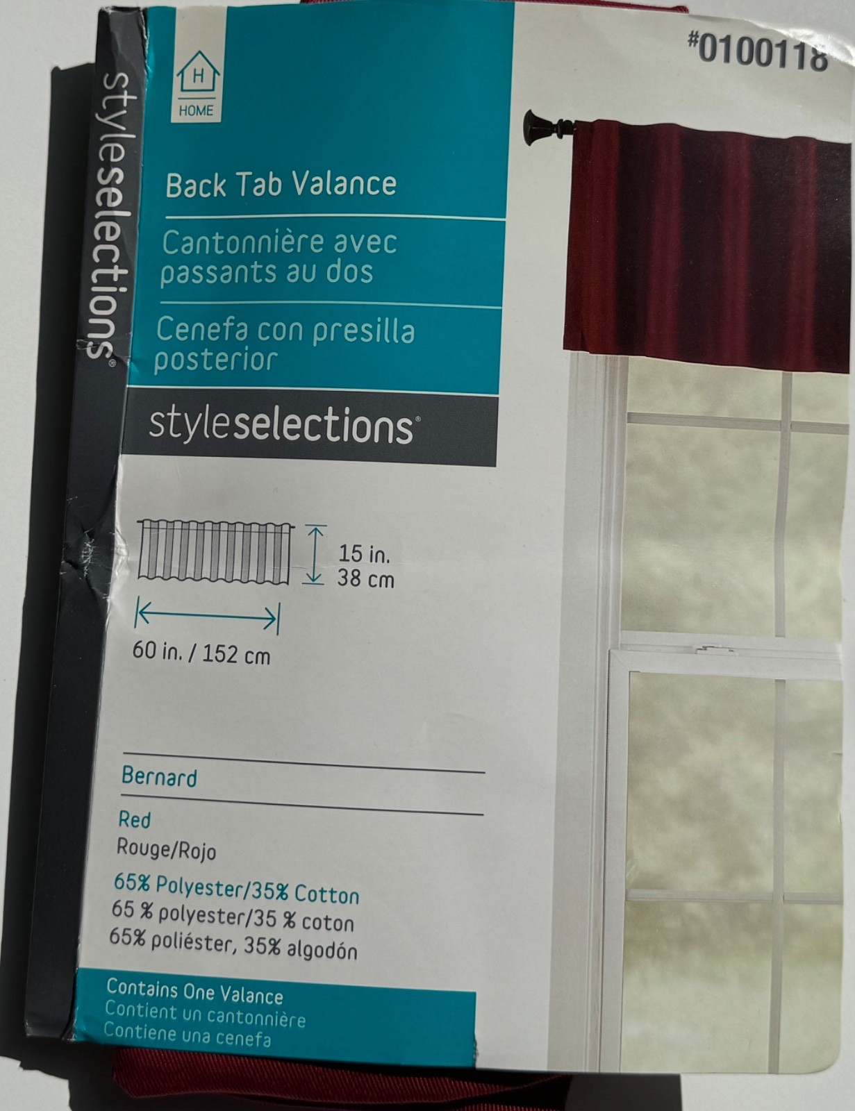 Style Selections Bernard Red Back Tab Valance Minimalist 60″ x 15″