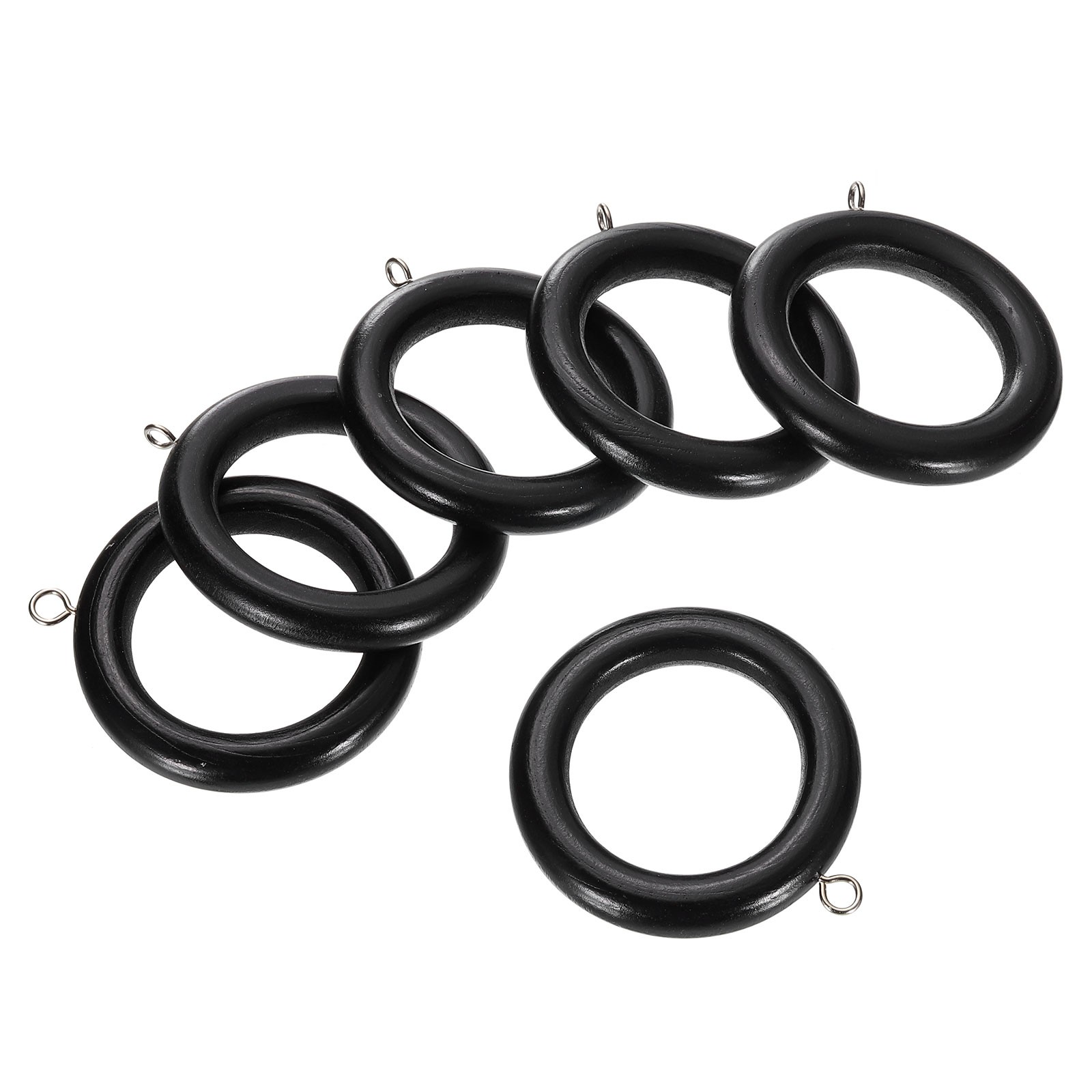 6Pcs 2.75 Inch Wooden Curtain Drapery Rings Hook, Bright Black/Silver