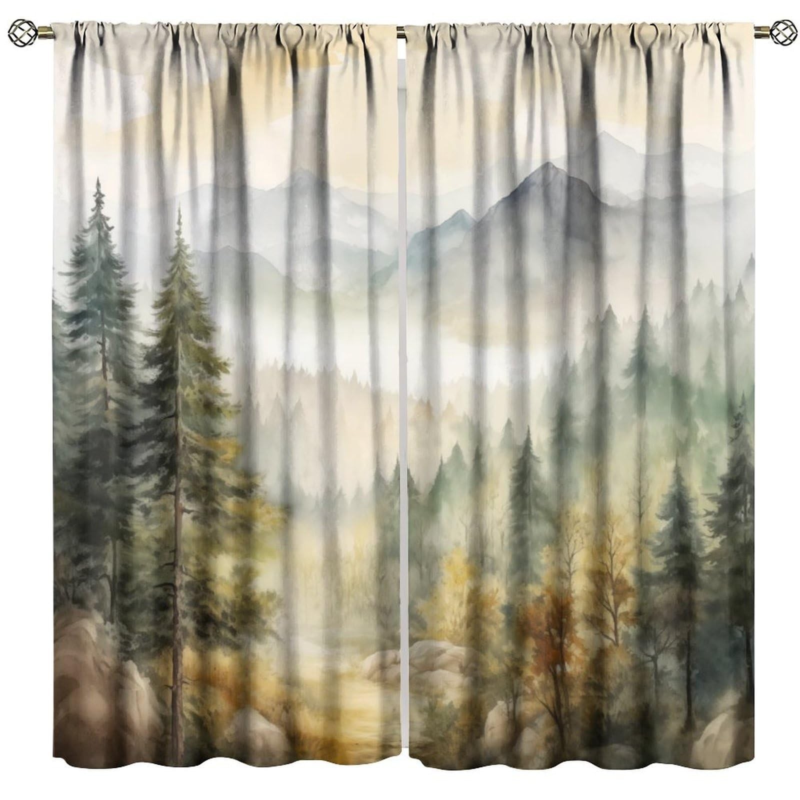 Forest Blackout Curtain for Kitchen, Mountain Forest Nature Tree Woodland Rod…
