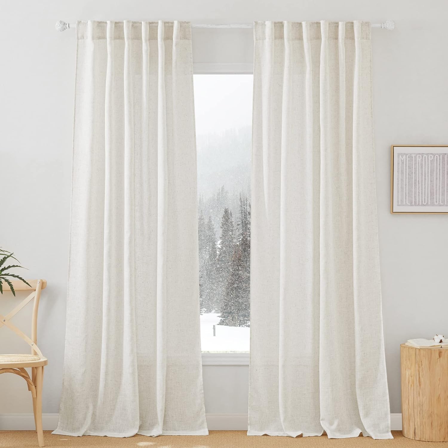 White Linen Texture Sheer Curtains Light Airy Panels for Bedroom Living Room Pat