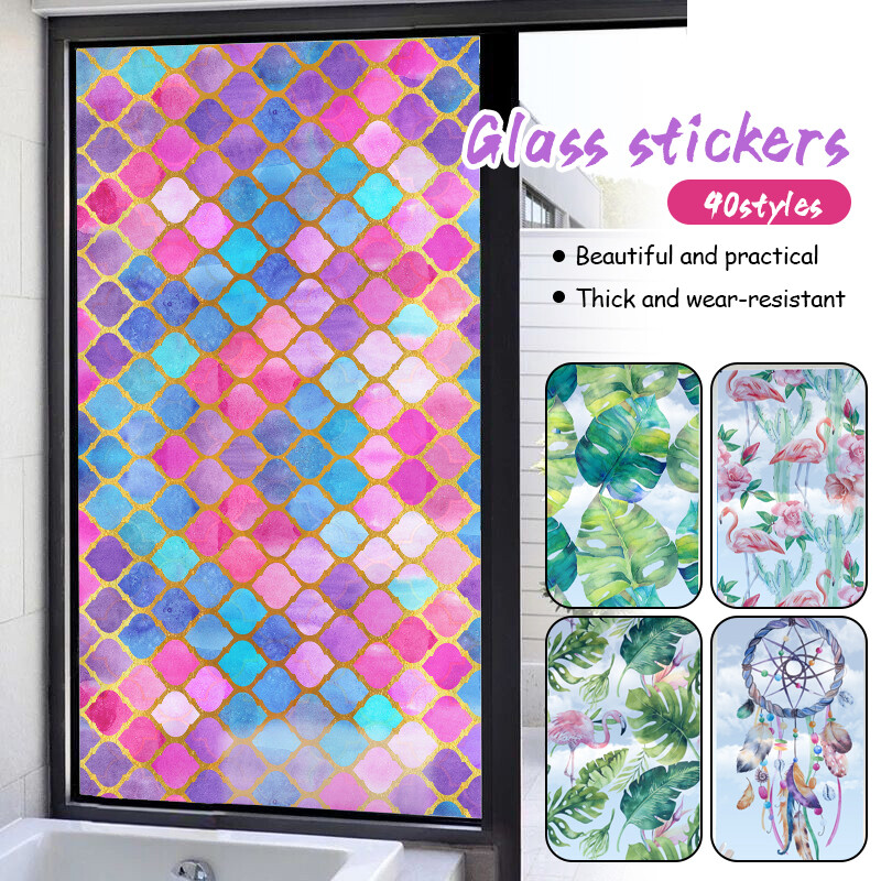3D Window Film Frosted Static Cling Stained Glass Film Door Sticker Leaf