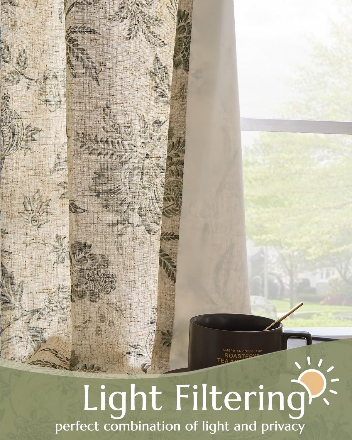 84″ Floral Linen Blackout Curtains Living Room Lined Farmhouse Room Darken Green