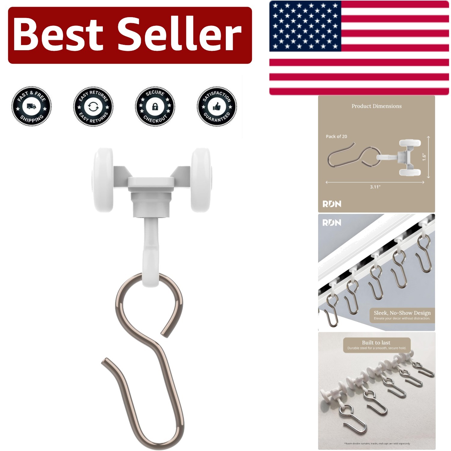 20 Pack White Plastic and Steel Curtain Track Hooks – Versatile for Any Space