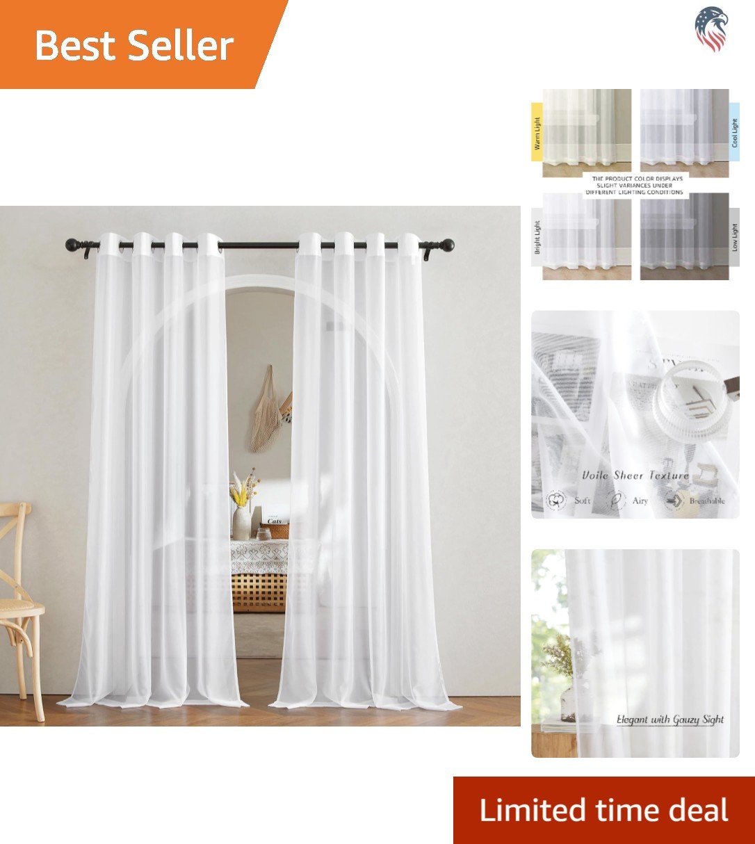 White Sheer Curtains 54×84 Inches Grommet Light Filtering Window Treatments