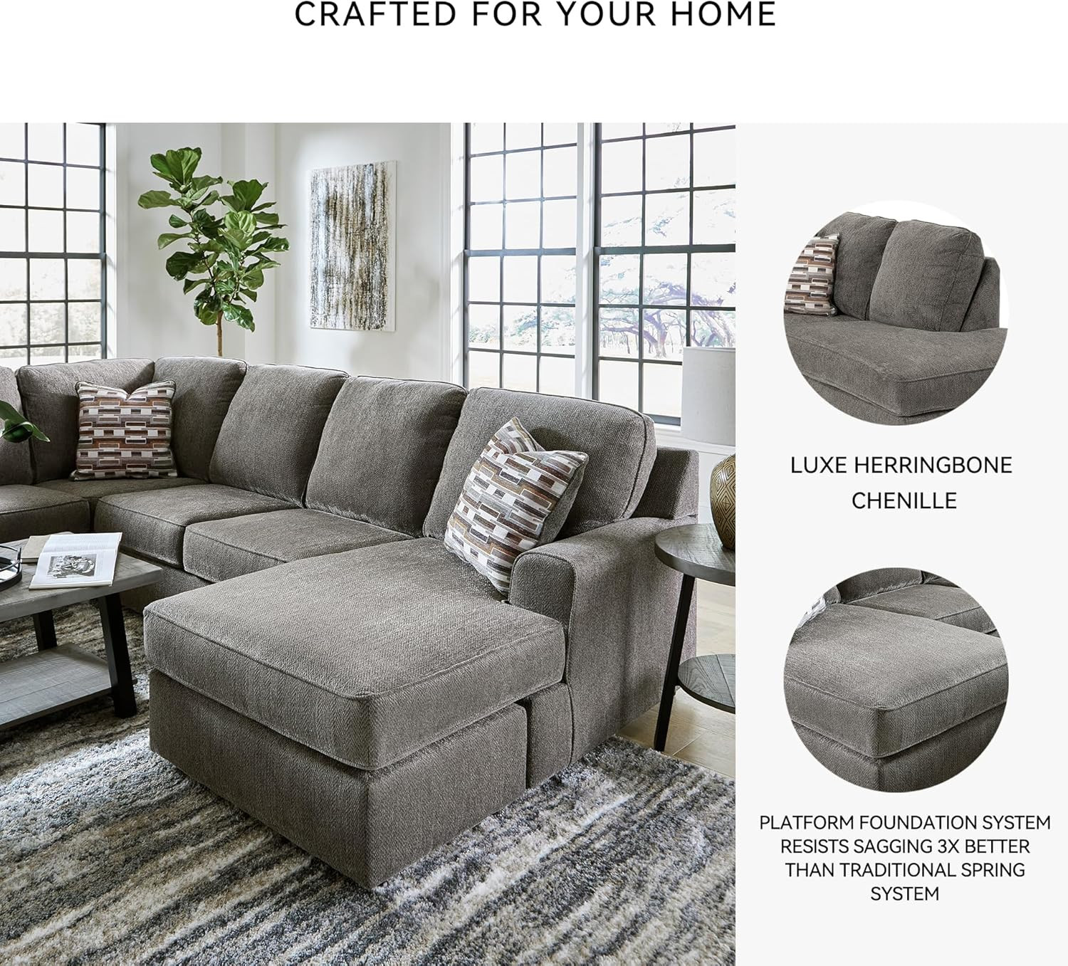 Gray Herringbone Chenille 2-Piece Sectional with Chaise & Pillows