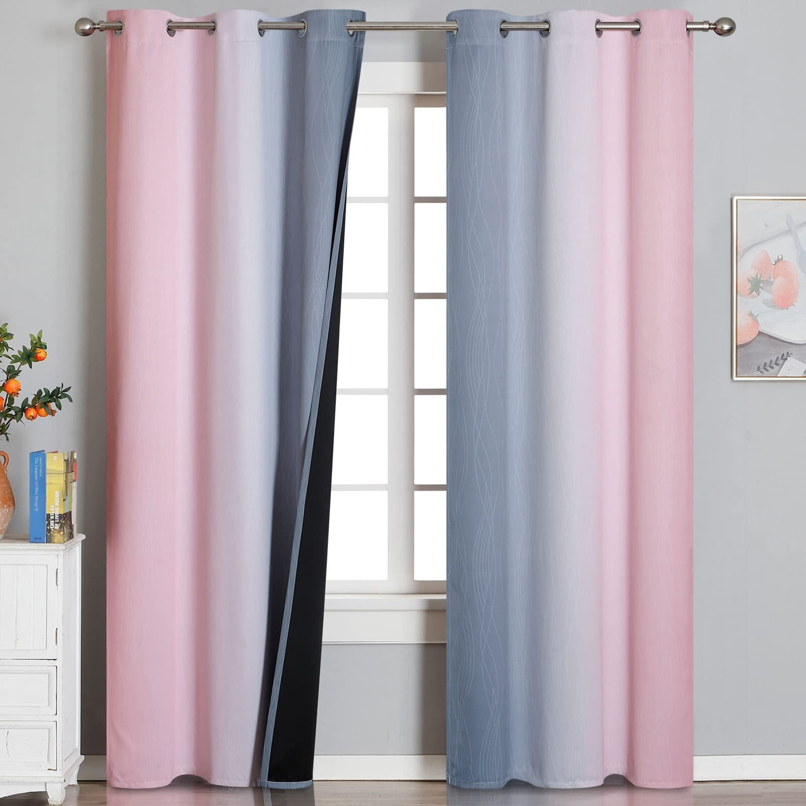 Pink and Grey Blackout Curtains 84 inches Long,Ombre Full Room Darkening Wind…