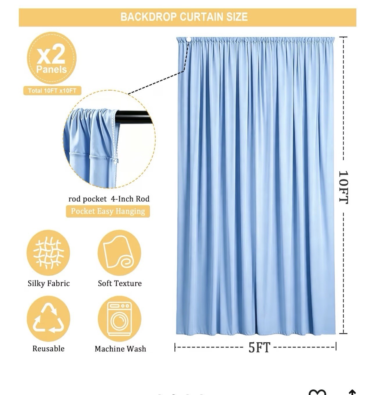 2 pcs 10 feet x 5 feet Polyester Backdrop Drape Curtains Panels Light Blue