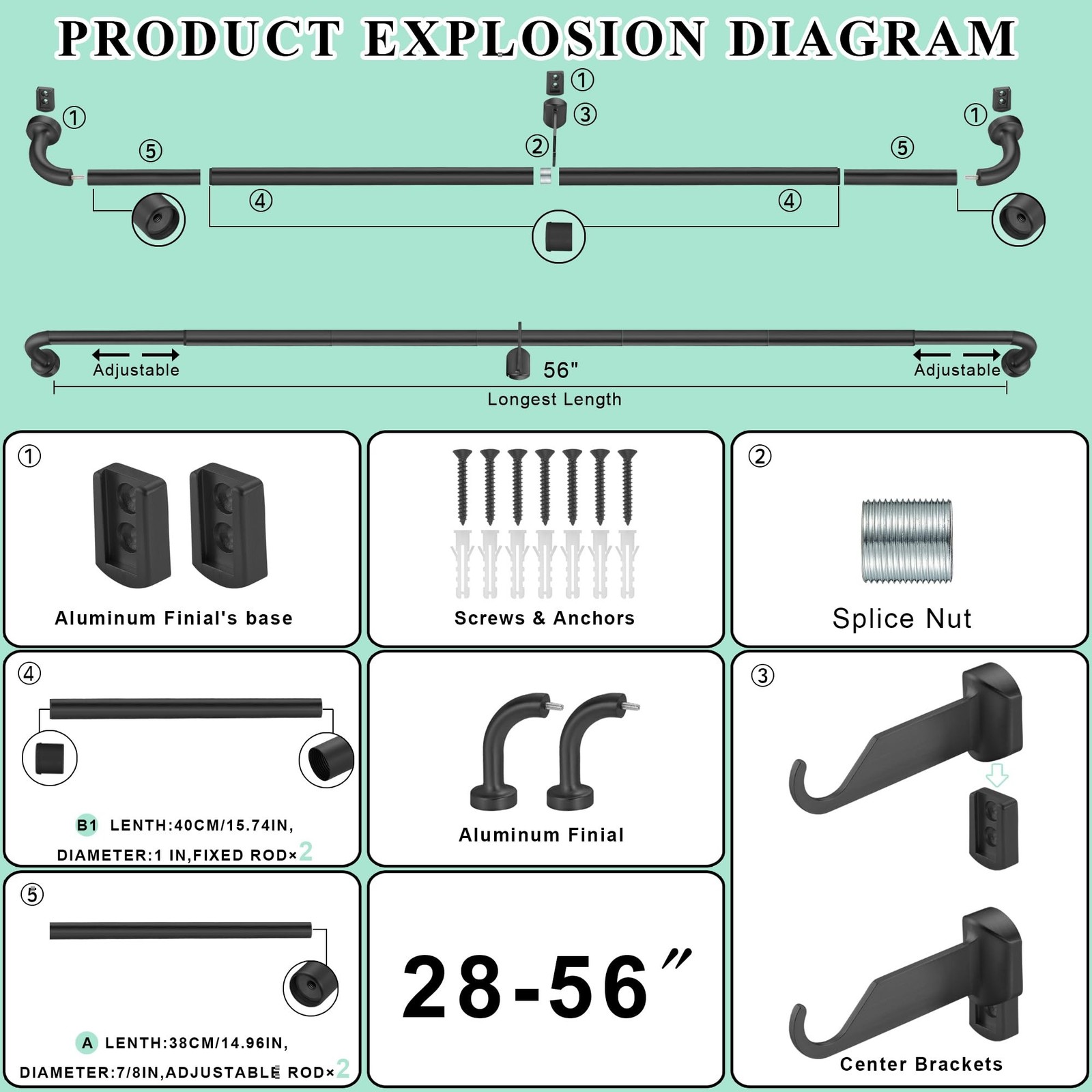 Black Curtain Rod for Windows 28 to 56 Inch, Internal Splicing 1 Inch Diamete…