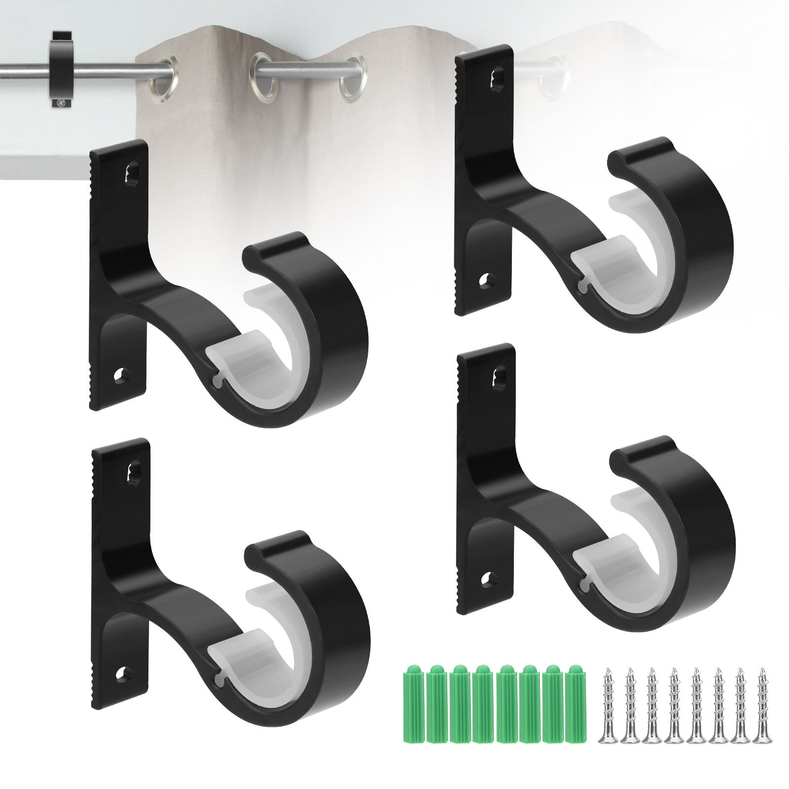 4x Universal Curtain Rod Holders Black Aluminum Into Window Frame Room & Office
