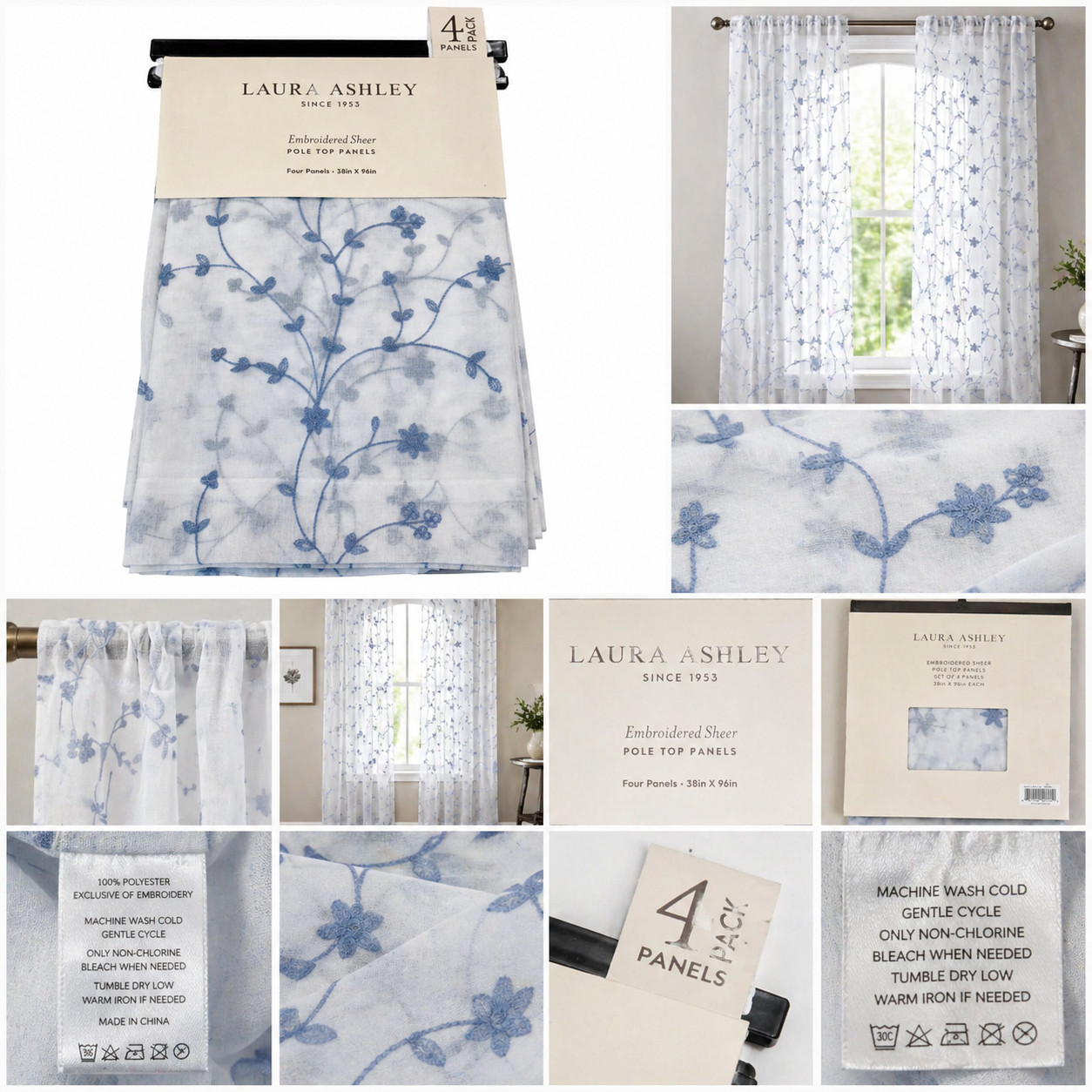 Laura Ashley Sheer Curtains Set of 4 38×96 Blue Floral Embroidered Panels