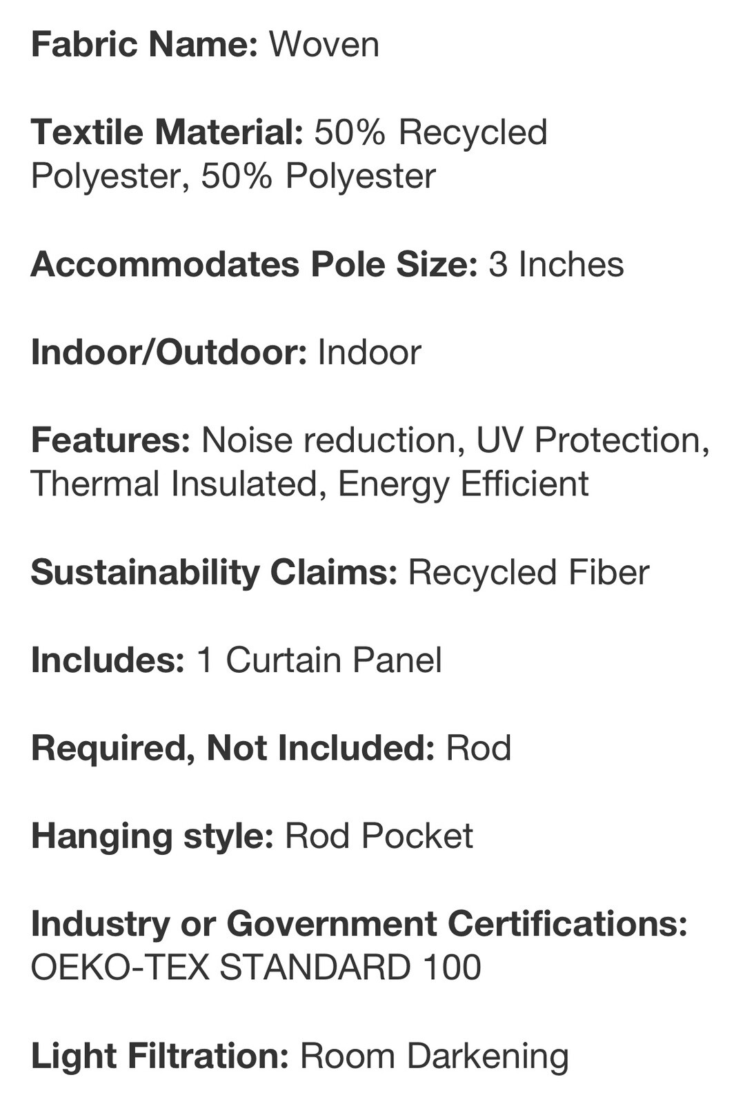 Room Essentials Heathered White Room Darkening Curtain Panel (1)Rod Pocket 42×63
