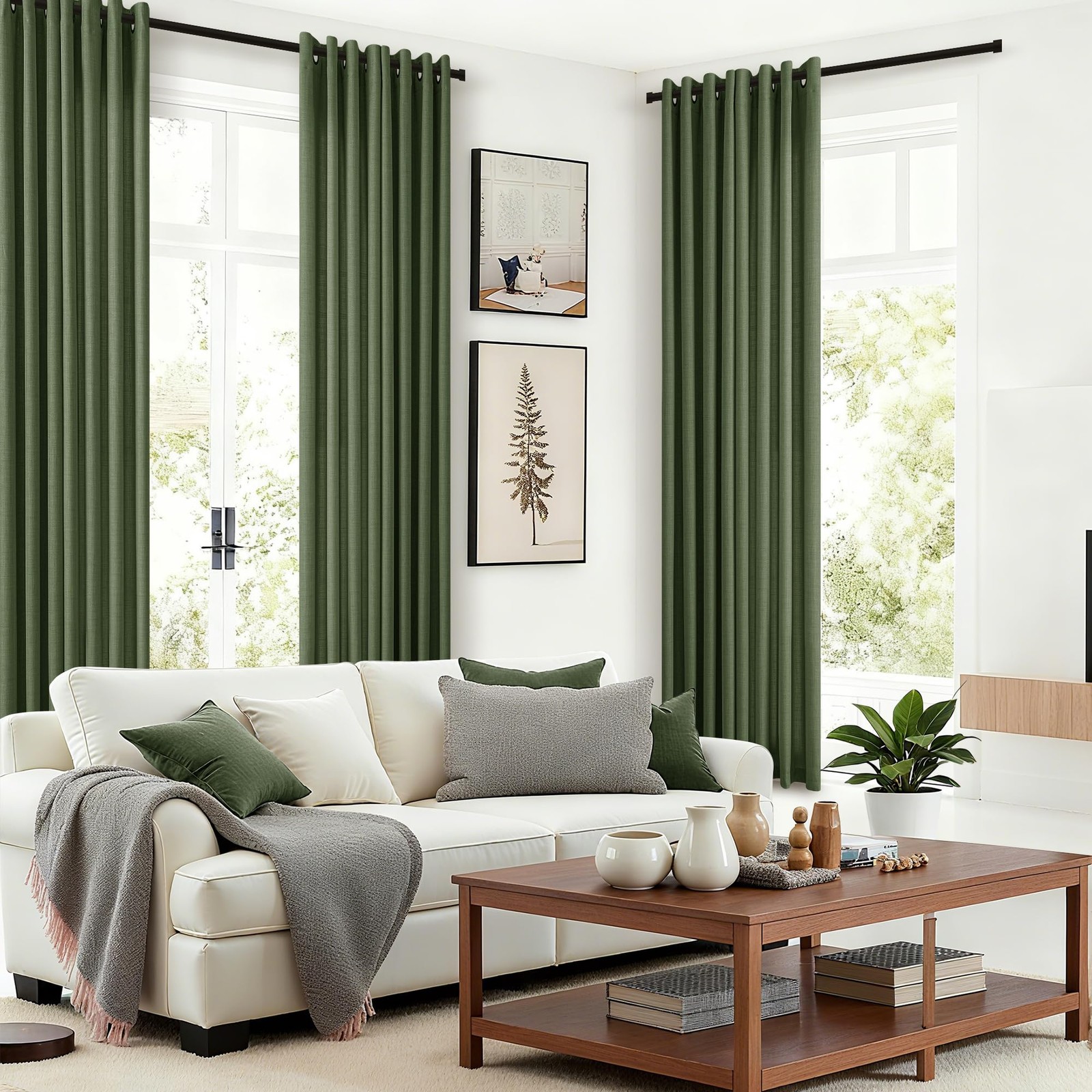 DUKIYO Dark Olive Green Curtains 84 Inch Length 2 Panels Set Linen Flax Semi …