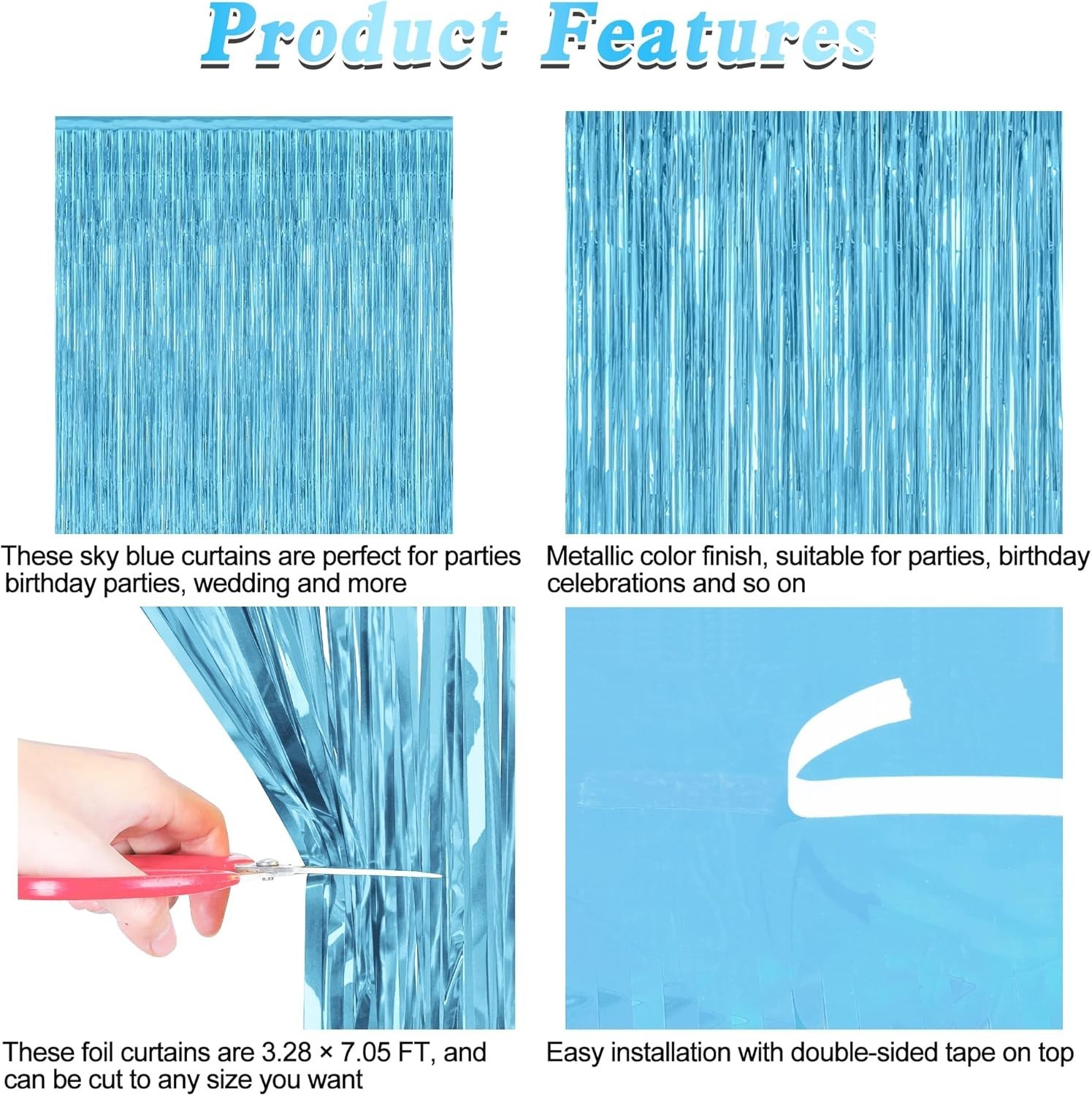 2 Pack Winter Wonderland Backdrop Curtains – Reflective Sky Blue Tinsel