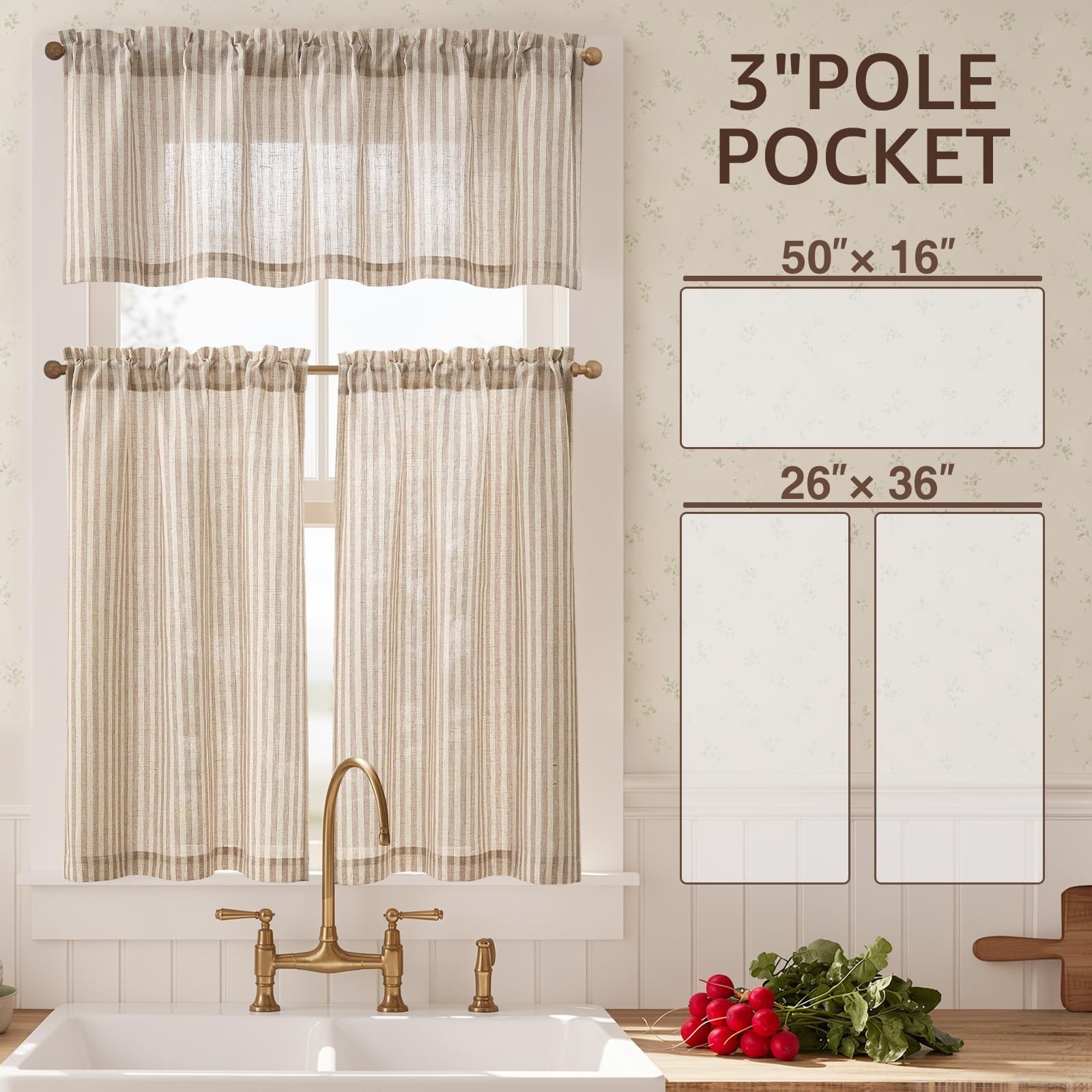 Striped Tier Curtains Set – 36″ Ticking Stripe Linen Valances for Kitchen & Bath