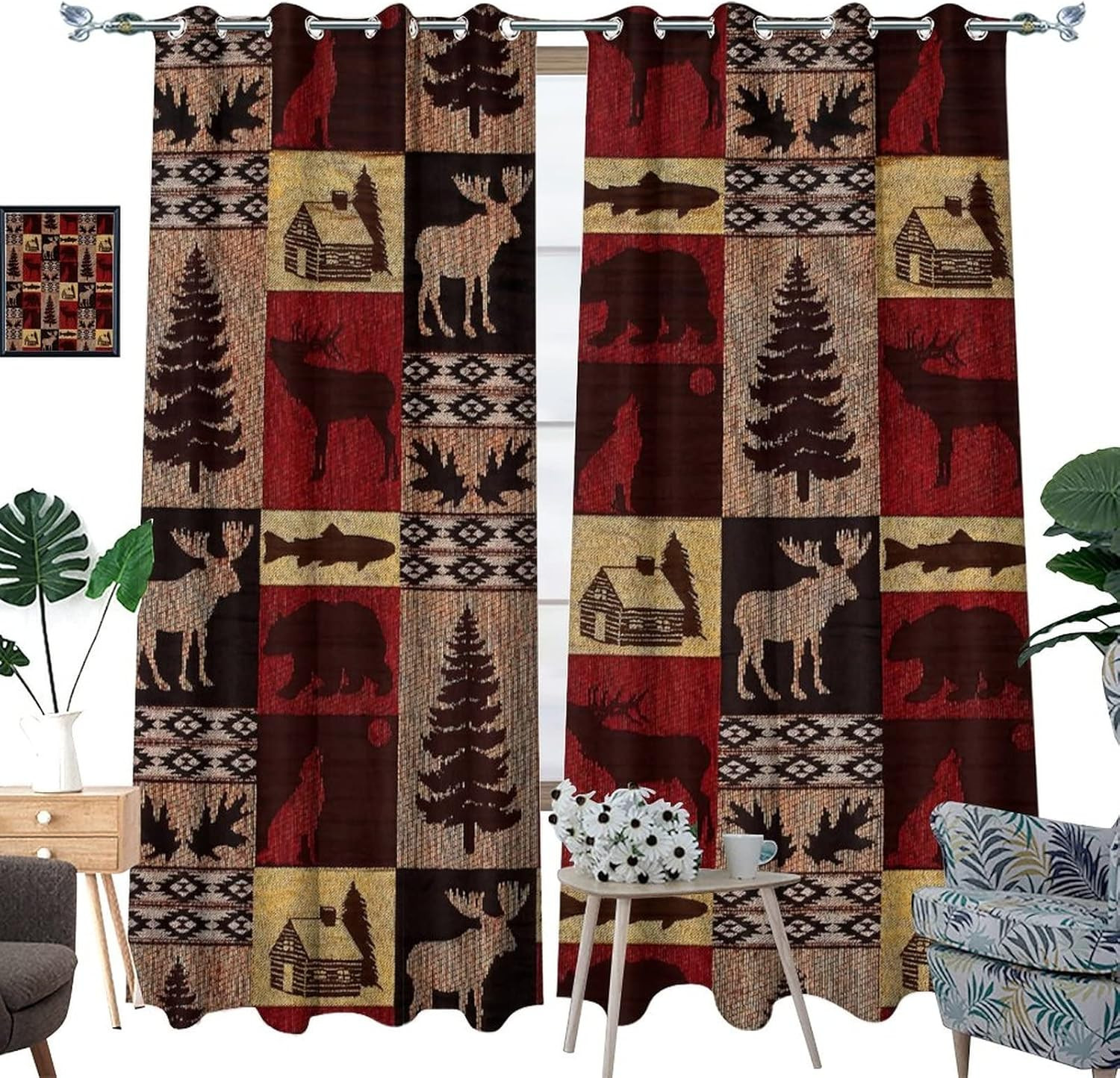 Rustic Cabin Blackout Curtains, Moose Bear Elk Plaid, 2 Panels 84×42