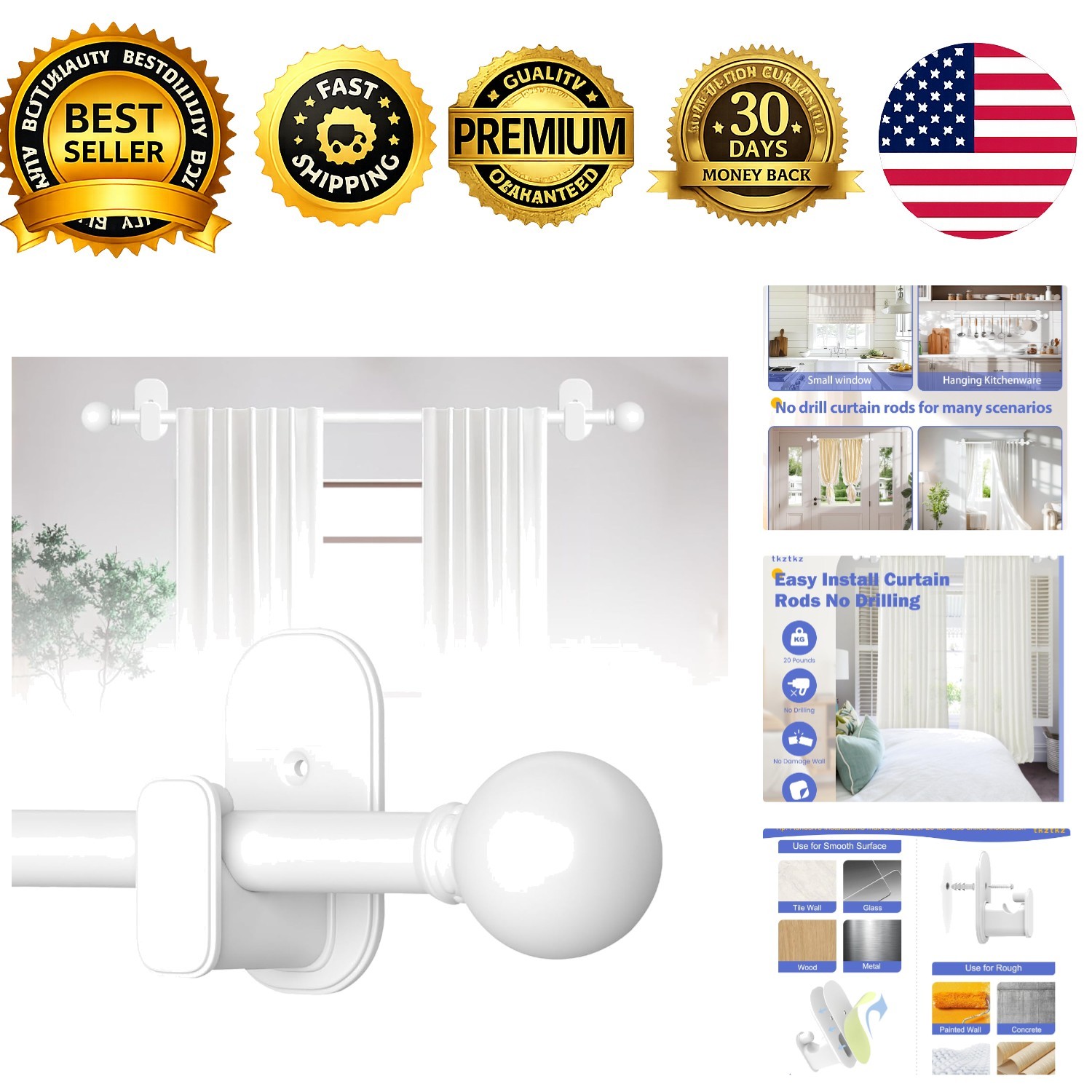 Curtain Rods No Drilling for Windows 32 to 45 Inch:No Drill Small White Curta…