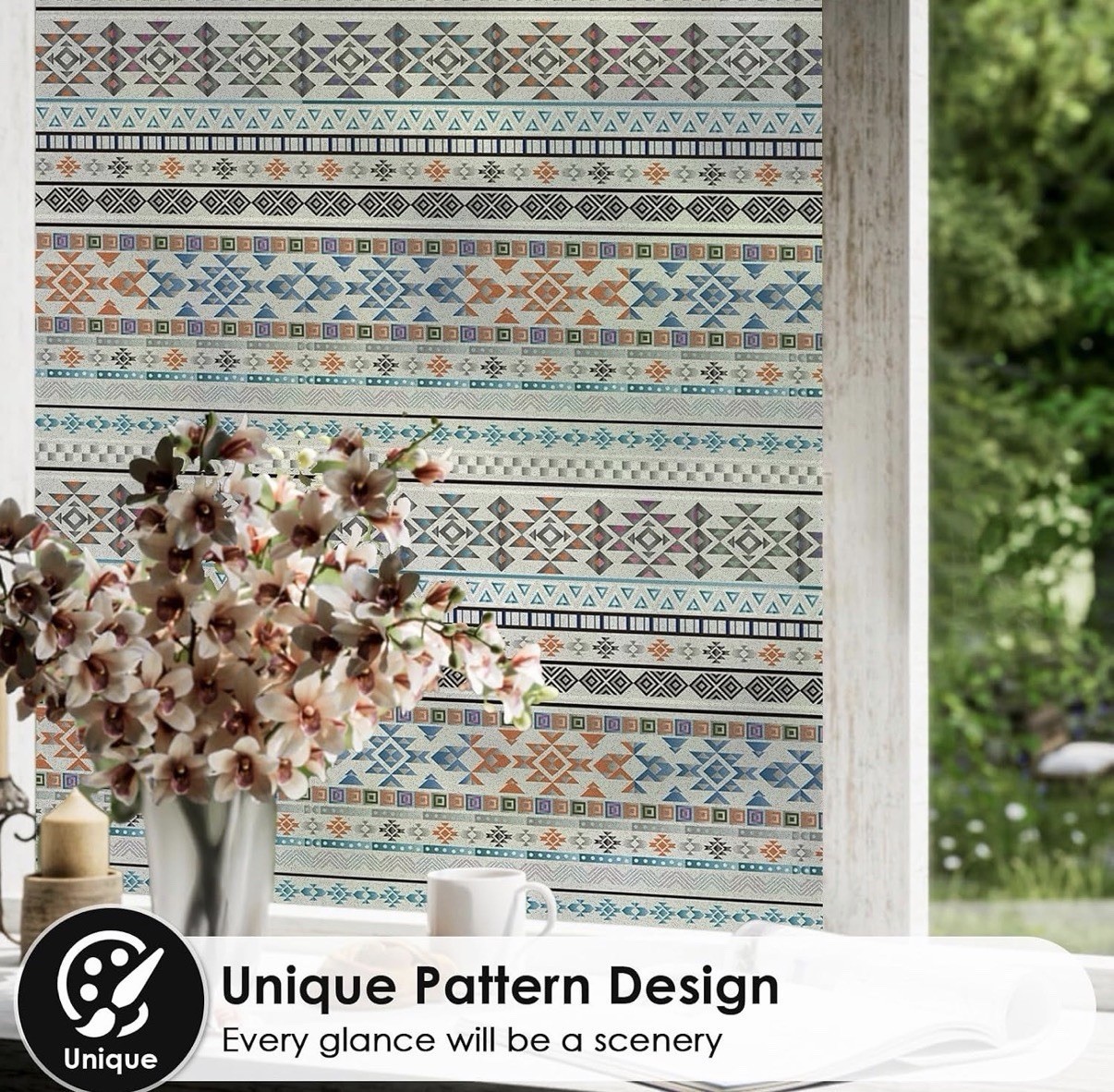 Window Privacy Film Stain Glass Boho Tribal – 17.7” X 78.7’ w Tool Easy Install