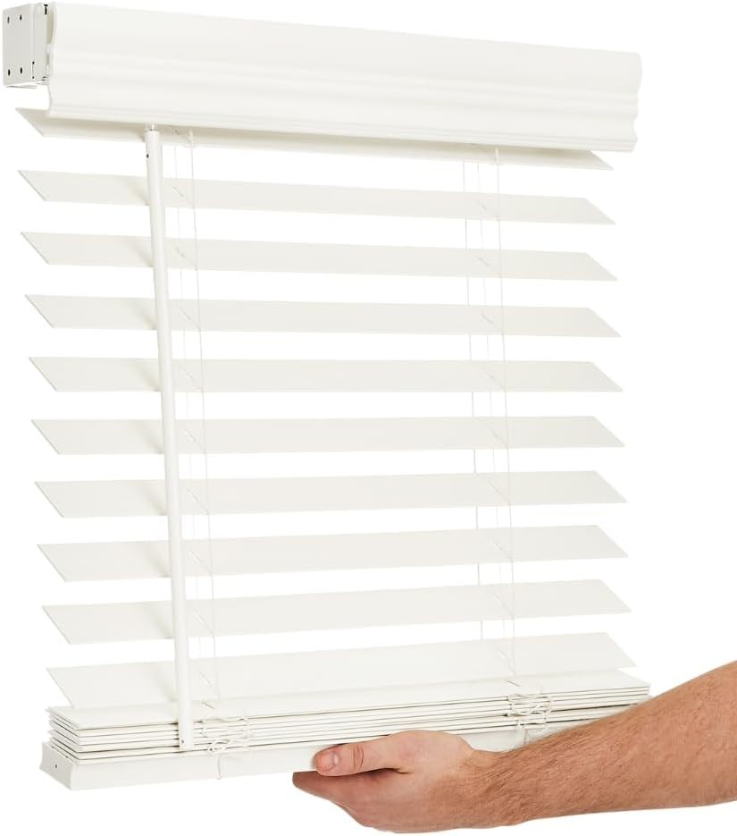Cordless 2-inchFaux Wood Blind 70″ Wide x 48″ Long (Soft White-Antique White)