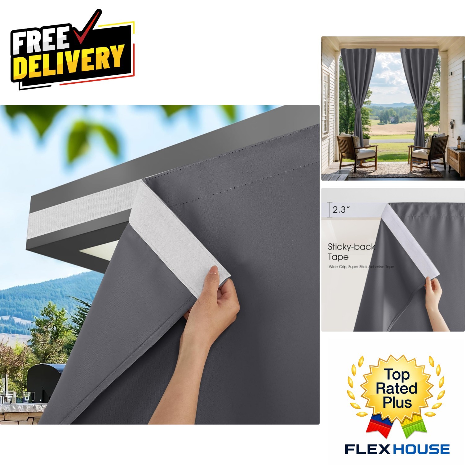 No-Rod Adhesive Top Outdoor Curtains, Windproof Grey Drapes, 52×84 in Pack of 2