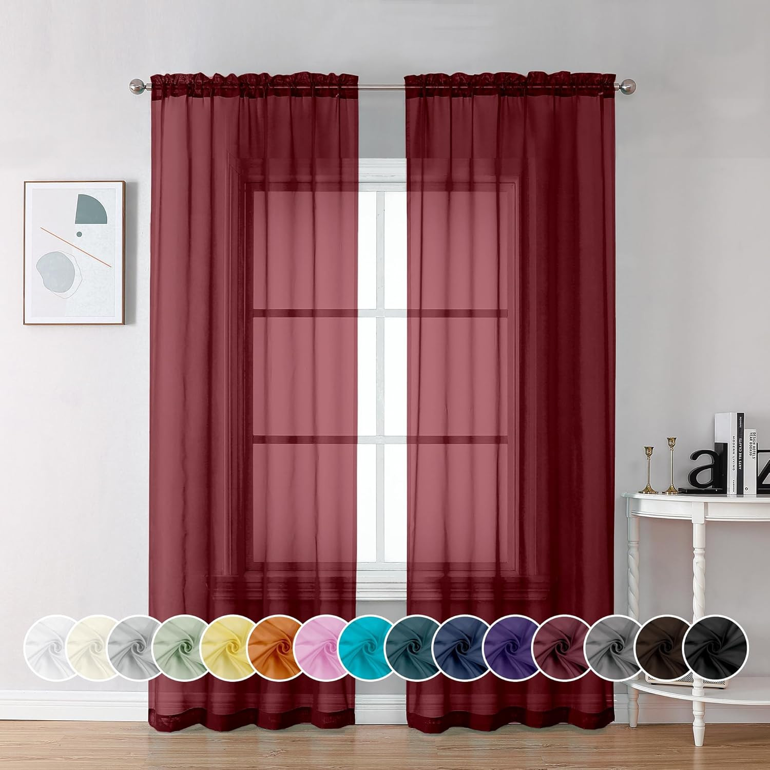 Burgundy Sheer Curtains 84 Inches Long 2 Panels, Light Filtering Voile Christmas