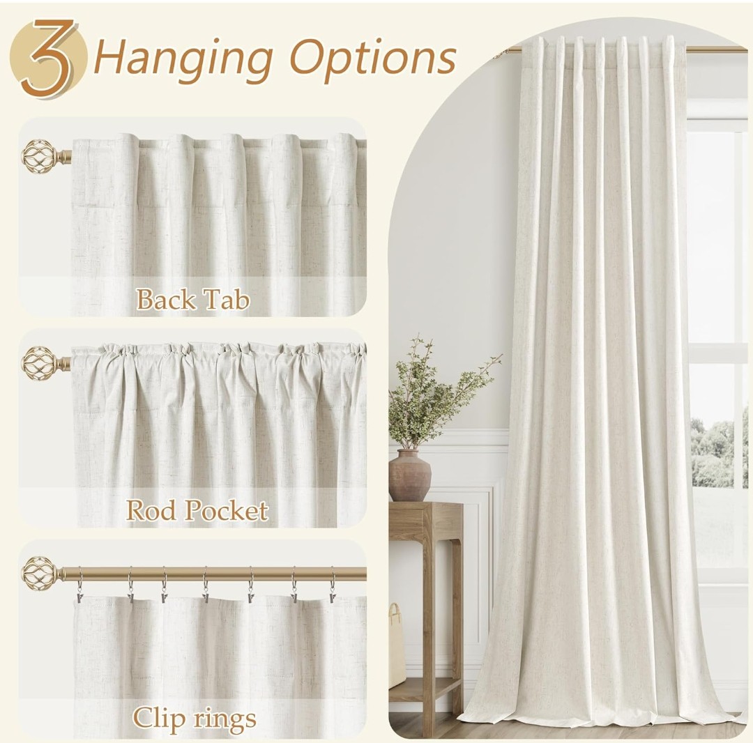 100% Blackout Linen Curtains for Bedroom 90 52″W x 92″L (Pack of 2) Cream