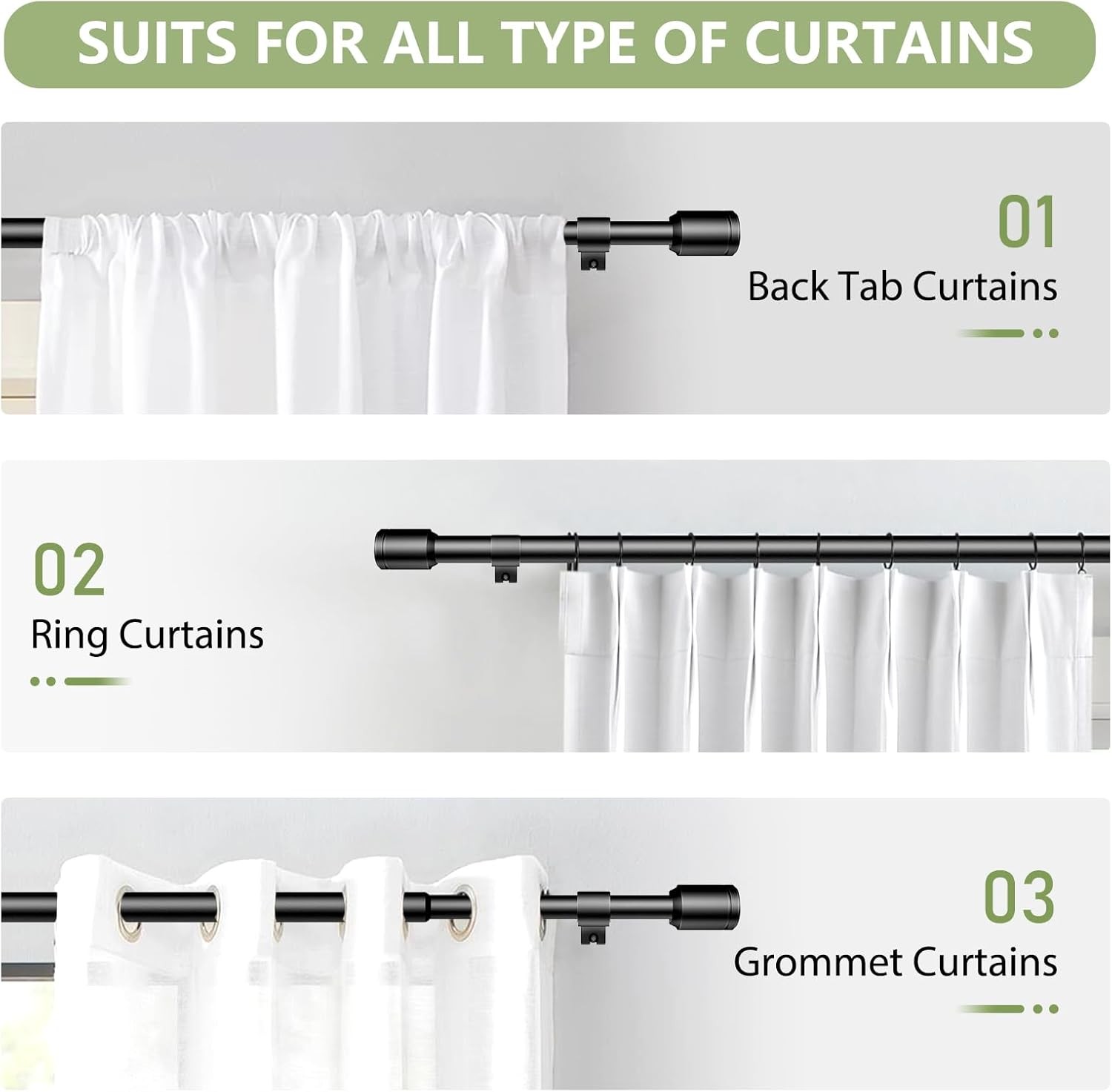 5/8” Diameter Curtain Rods 30-90 Inch, for 30-84 Inch Windows, Adjustable