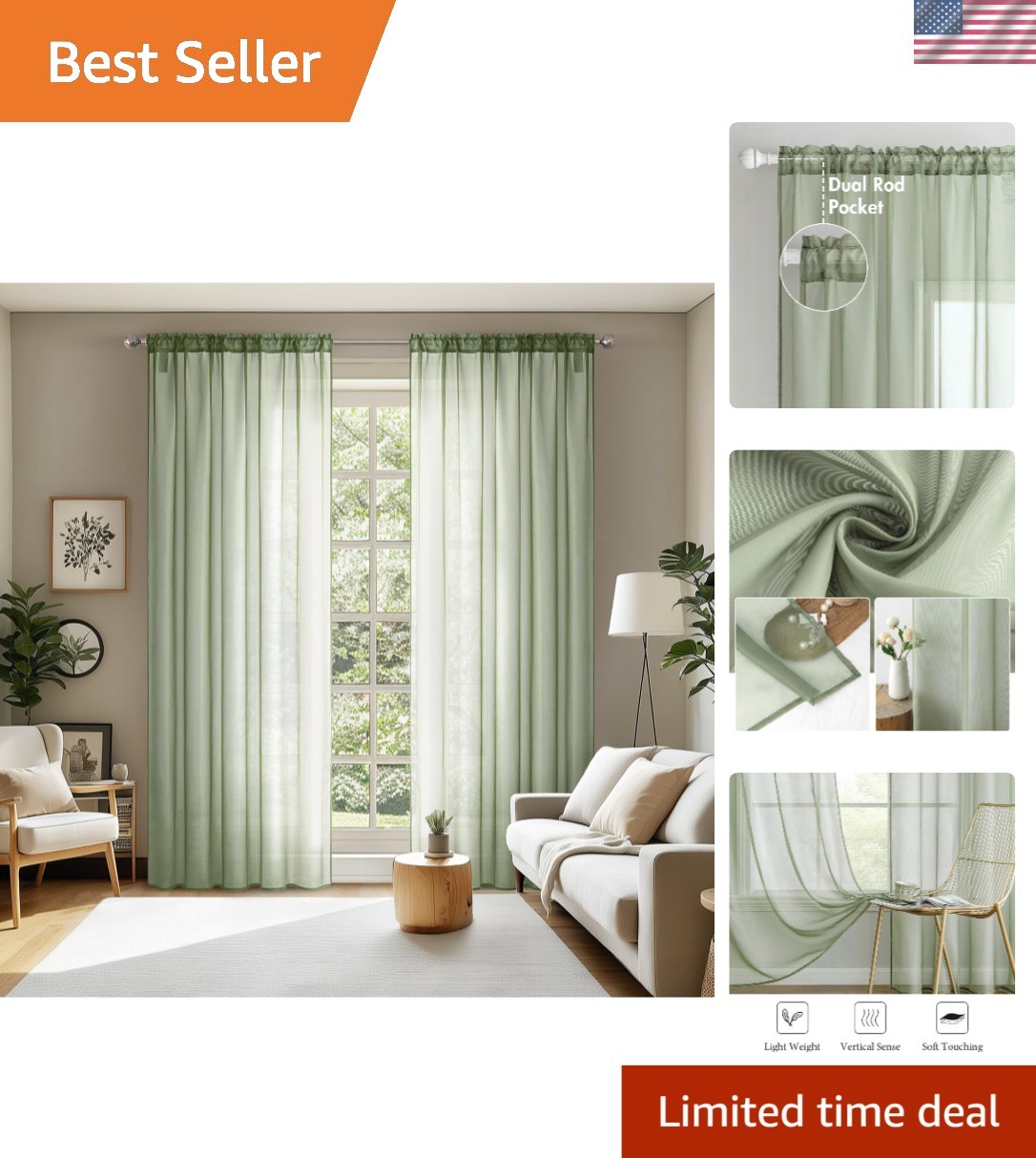 Serene Sage Green Sheer Curtains – 2 Panels 54×96 Inches for Elegant Spaces
