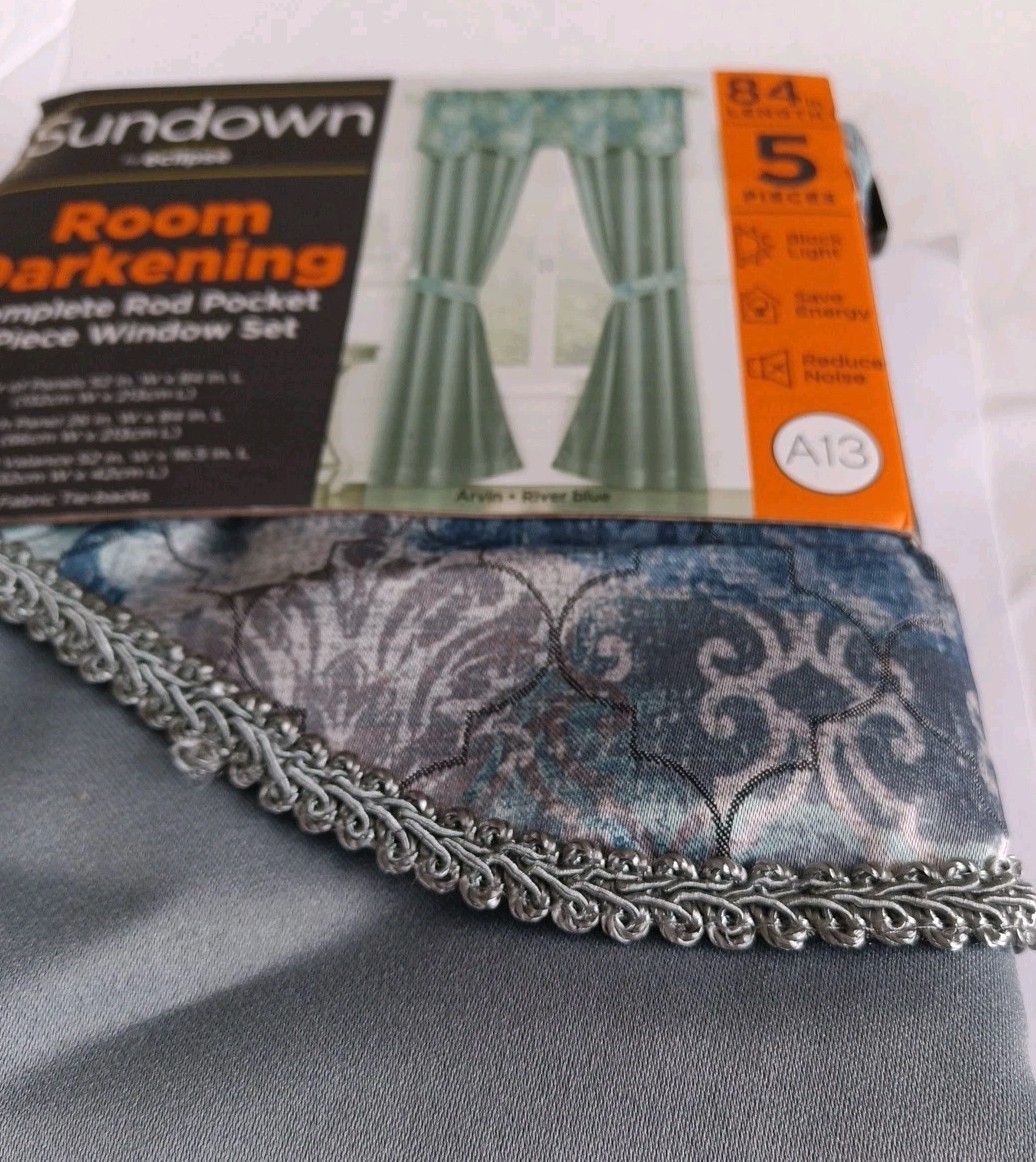 5 PC Sundown Eclipse Rm Darkening Rod Pocket Panel Pair 52x84in Arvin River Blue