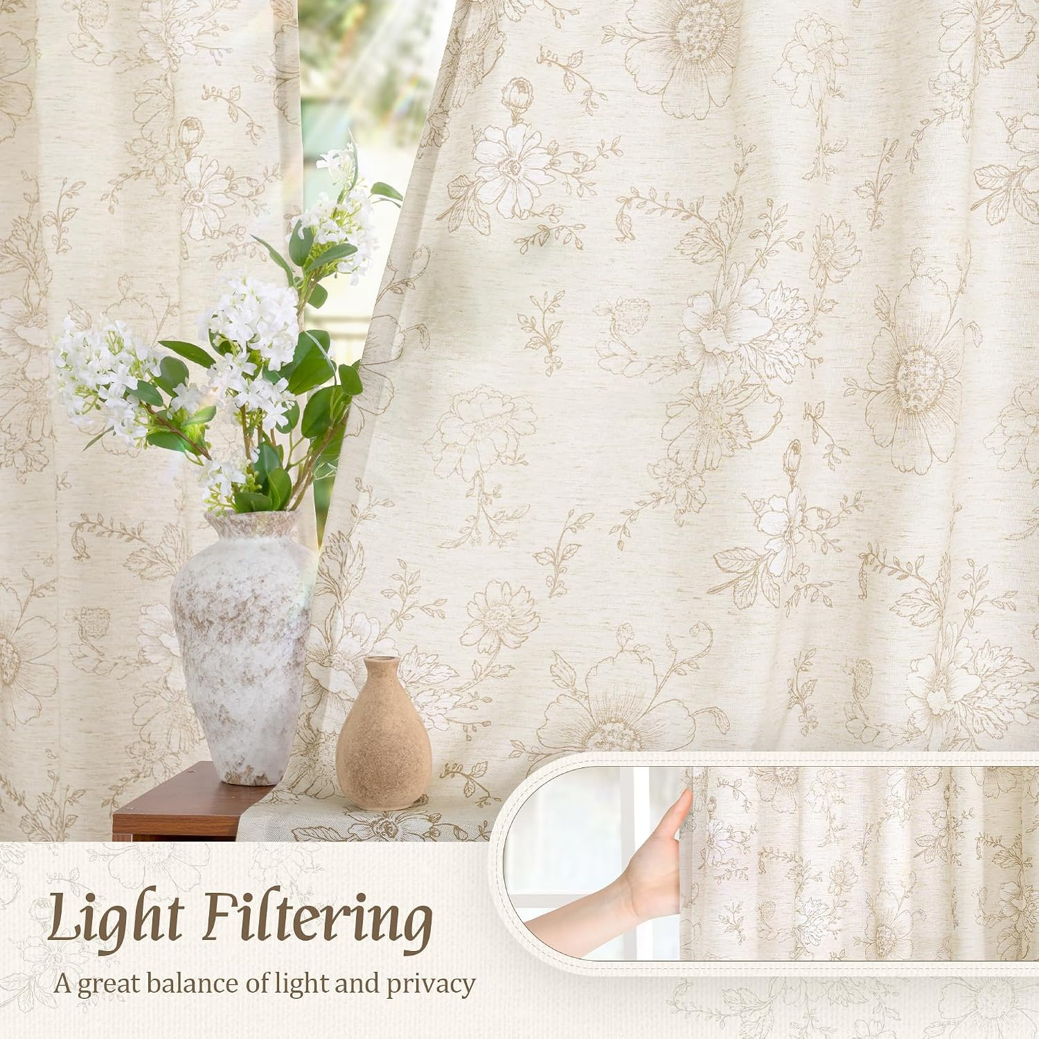 LAMIT Taupe Floral Linen Curtains 63 inch Length, Light Filtering Country Vintag