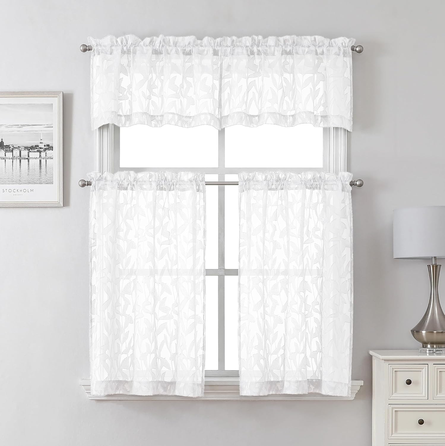 2 PCS White Sheer Valance Curtains 14 Inch Jacquard Leaf Light Filtering Window
