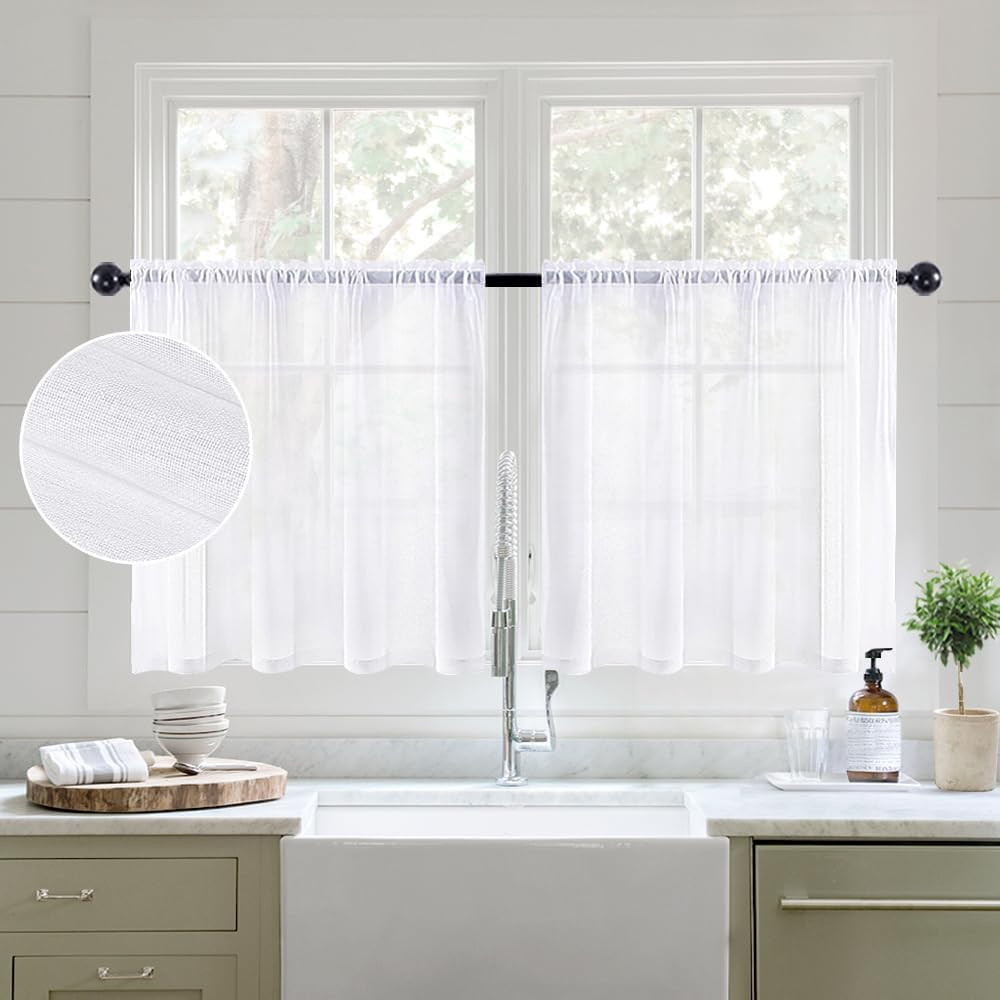 MIULEE White Sheer Curtains 24 Inch Length Linen Textured Kitchen Window Curtain