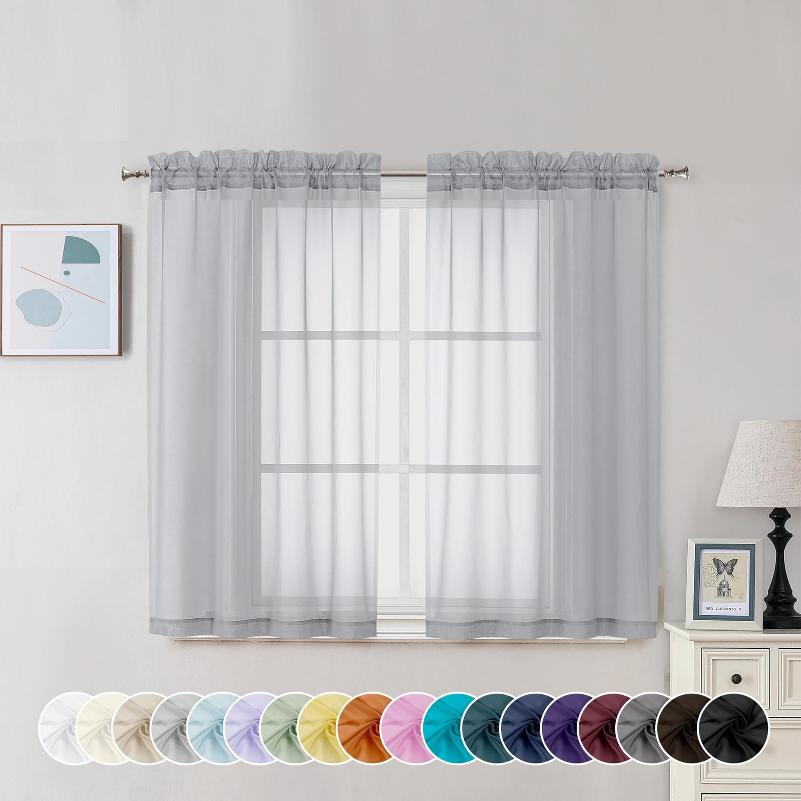 Sheer Curtains 45 Inch Long 2 Panels, Light 42″W x 45″L (Pack of 2) Light Grey