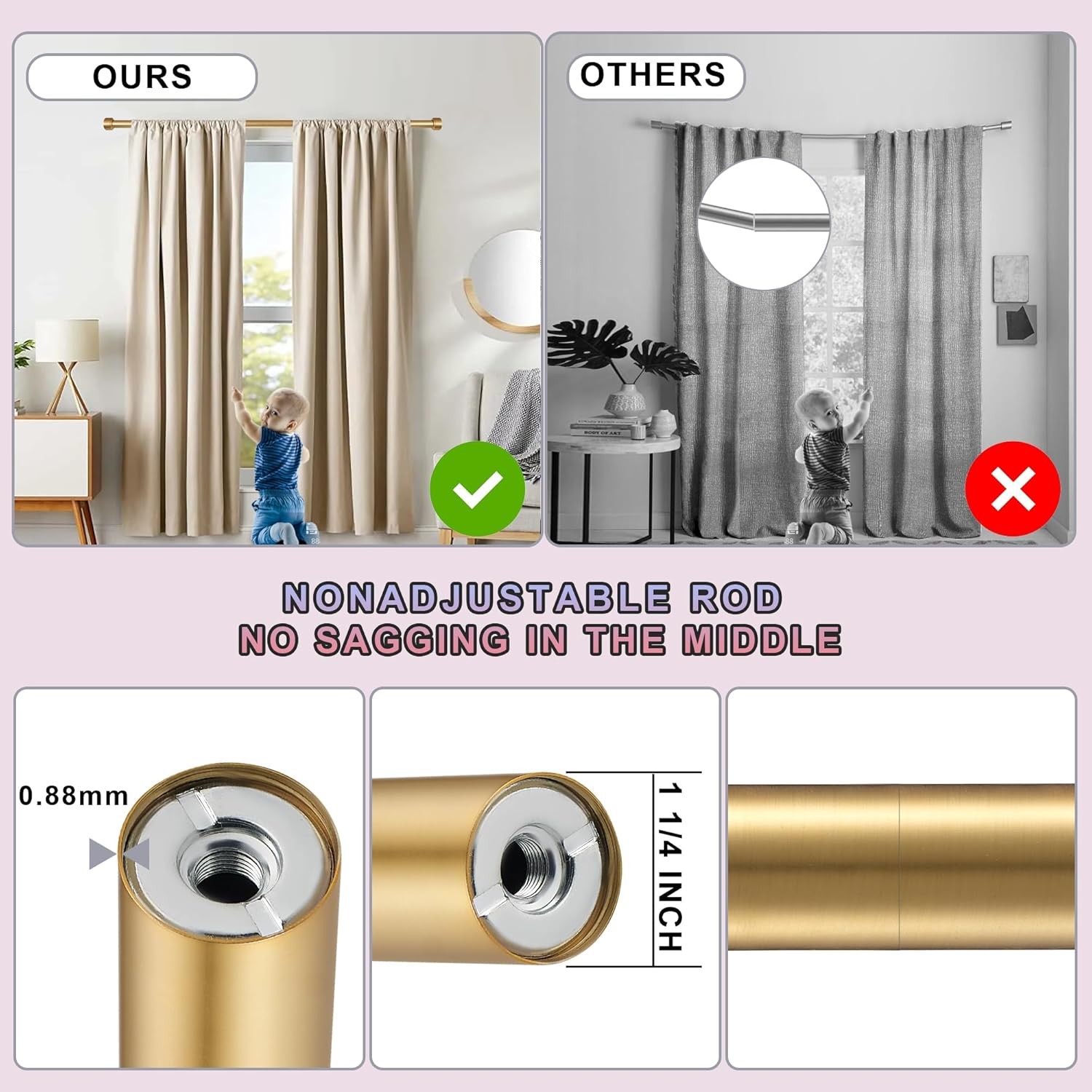 Heavy Duty Curtain Rod 1.25 Inch 36in Nonadjustable Gold