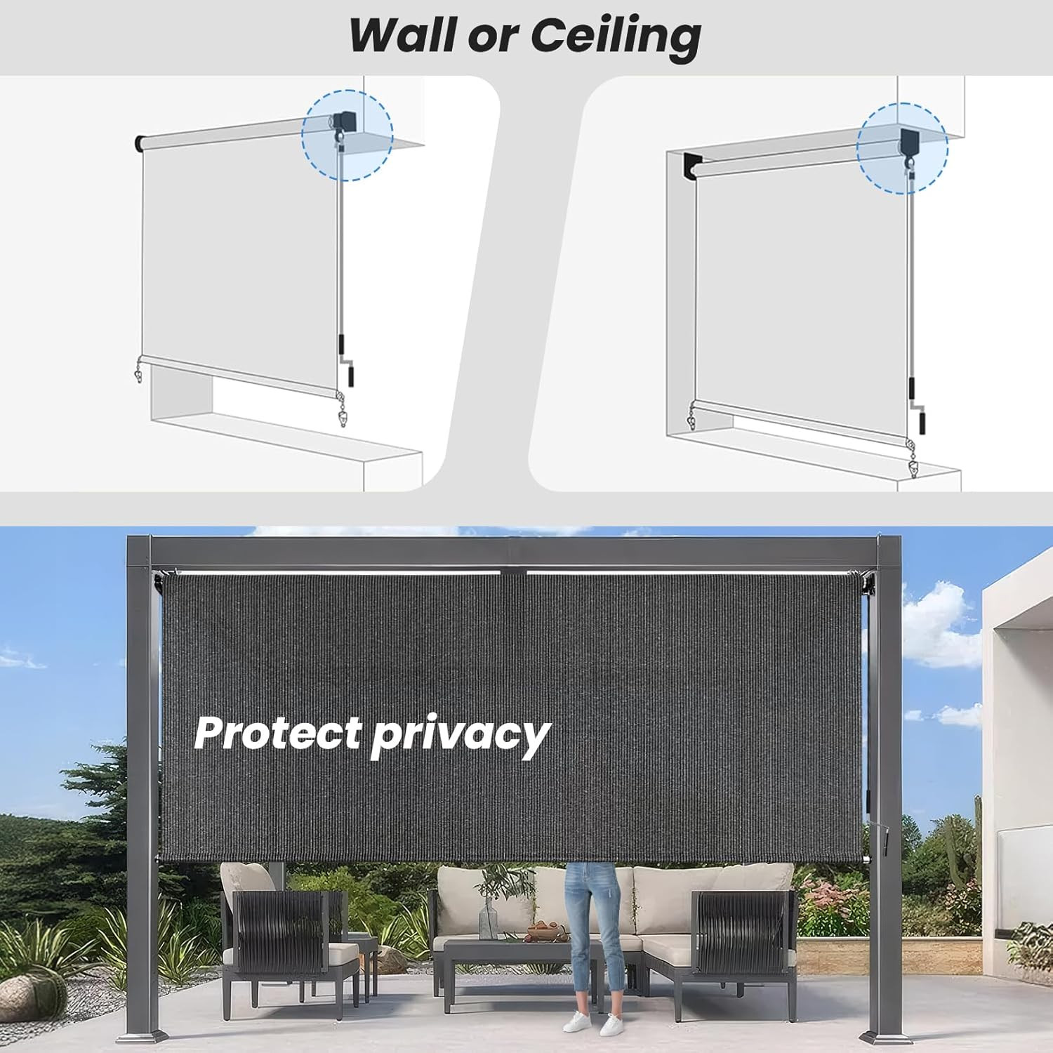 10’W X 8’H Gray Outdoor Roller Shade with Crank Wand Patio Shades Roll Up, Priva