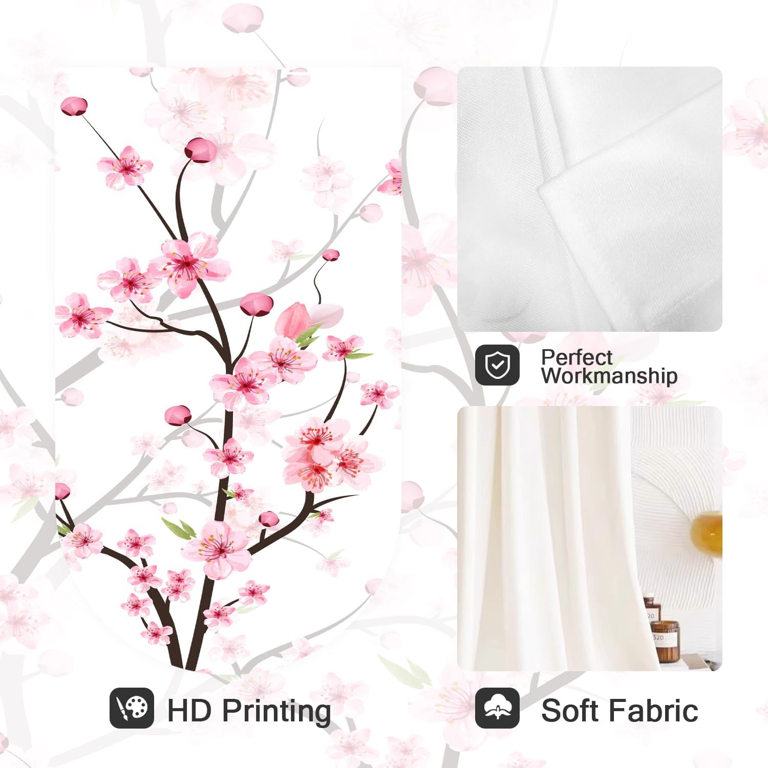 Cherry Blossom Window Curtains for Bedroom 42 X 63 Inch Rod Pocket Pink and Whit