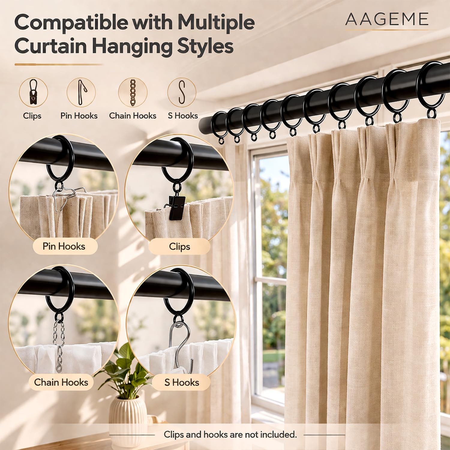 60 PCS Black Curtain Rings with 60PCS-1.5 inch Interior Diameter,