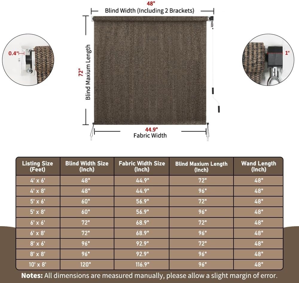 Outdoor Roller Shade 4′ W x 6′ L Cordless Patio Shades Roll Up Outdoors Blinds