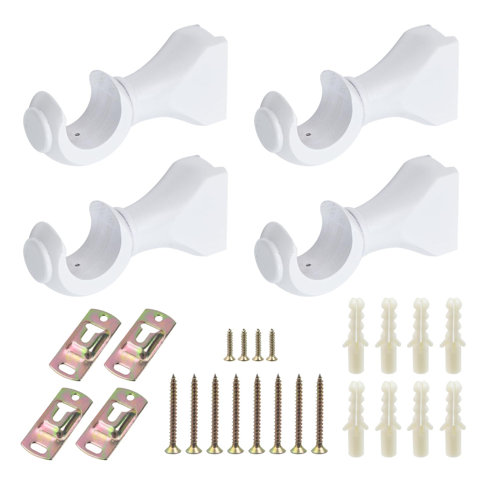 4 Pack White Wood Curtain Rod Brackets, 1-3/8 35mm Diameter, Hooks, Mount