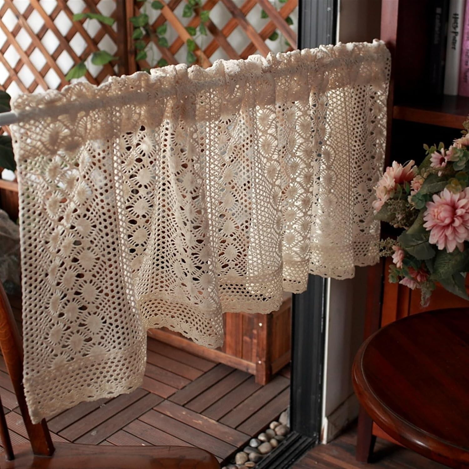 Boho Crochet Floral Lace Kitchen Window Curtains Cafe Tiers w/ Tassel Rod Pocket