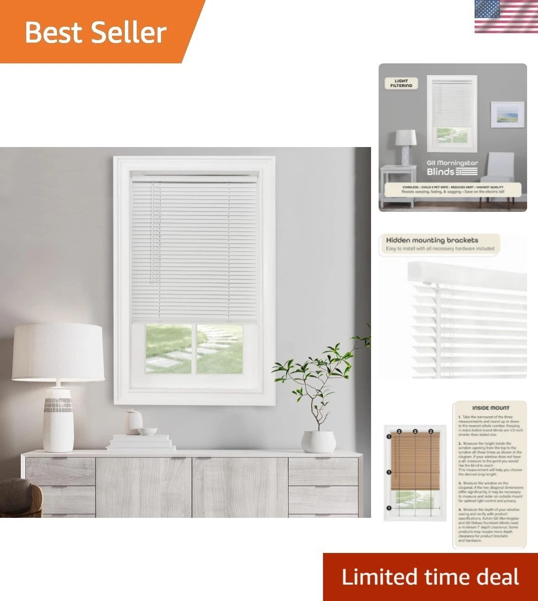 Cordless Vinyl Mini Blinds 46″W x 48″H – Light Filtering Pearl White