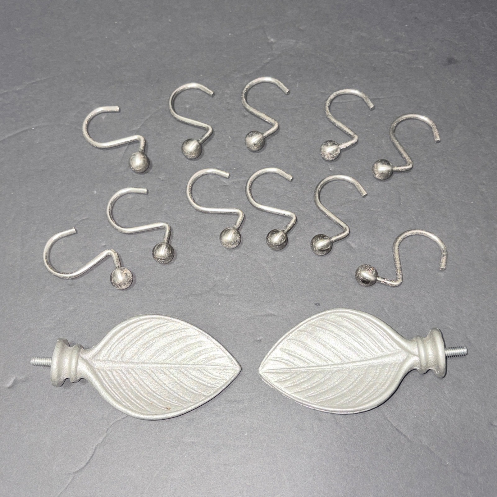 Silver Leaf Curtain Rod Finials and Ball End Shower Hooks Set 11 Piece Silver