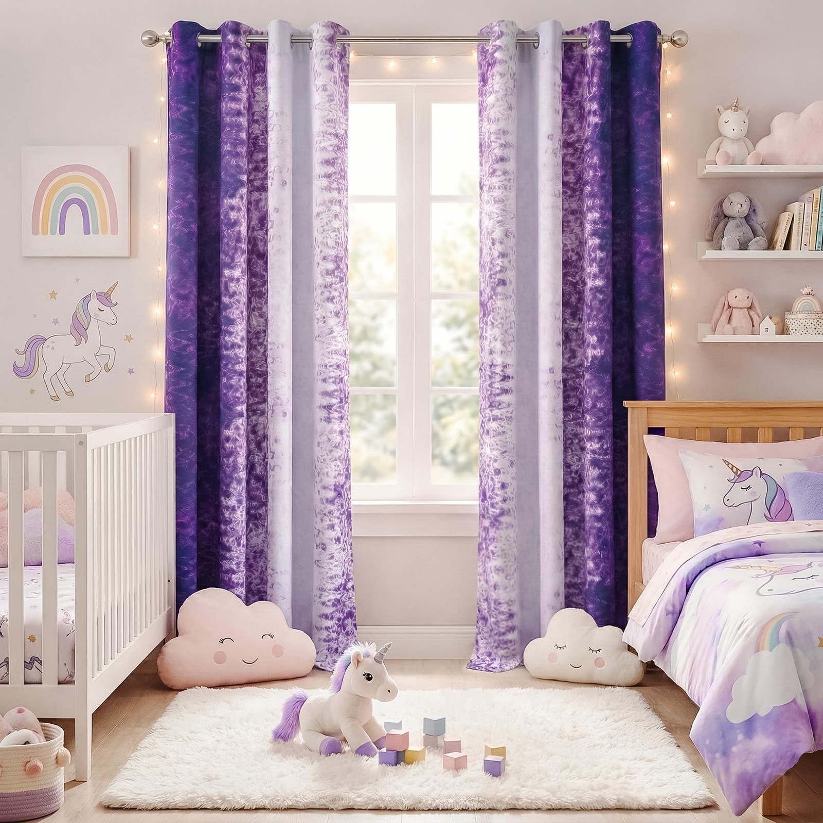 Purple and White 100% Blackout Curtains 96 Inches Long for Bedroom, Unicorn S…