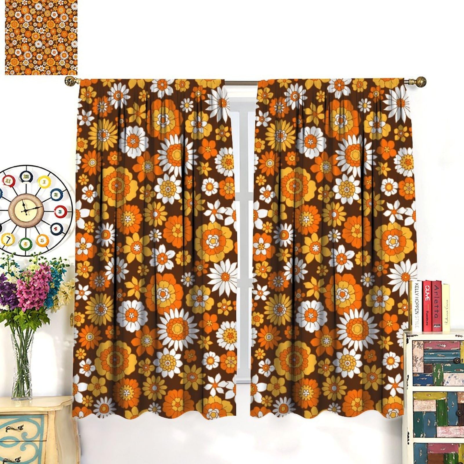 70s Groovy Curtains 1960s Hippie Floral White Orange Boho Modern Art Window D…