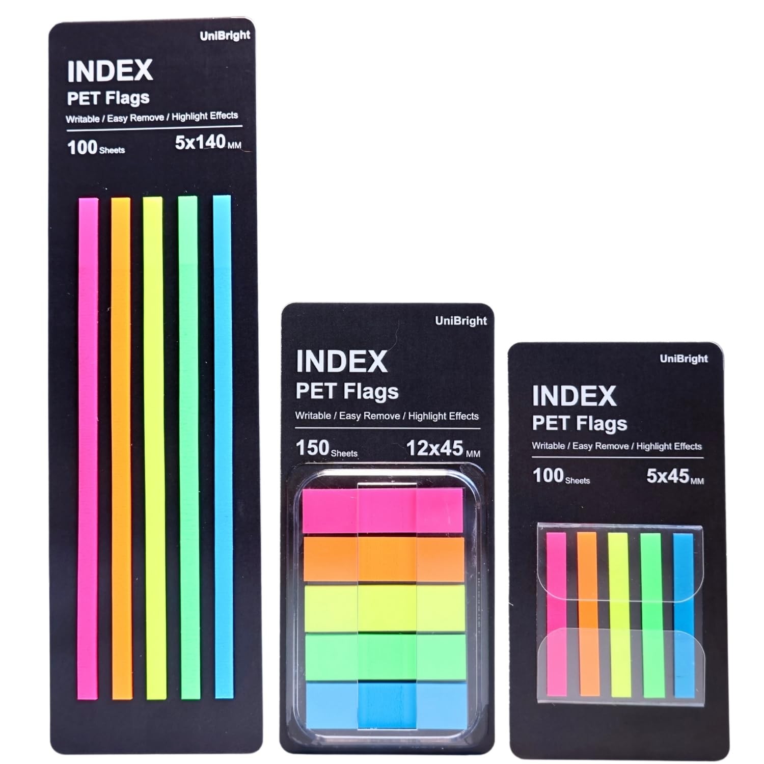 UniBright 0.2×1.8in, 0.5×1.8in, 0.2×5.5in, Pink, Orange, Yellow, Green, Blue