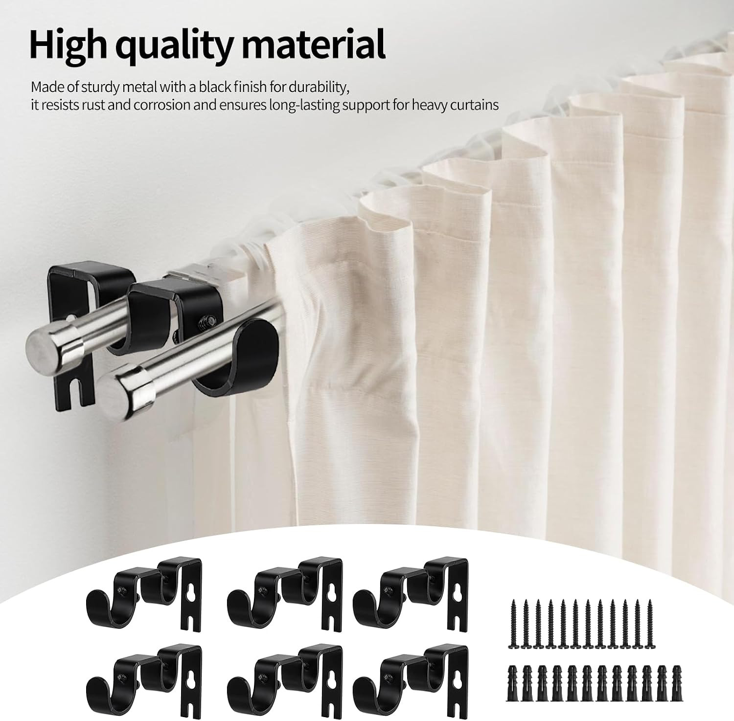 6 Pack Double Curtain Rod Brackets,Heavy Duty Adjustable Curtain Rod Holders