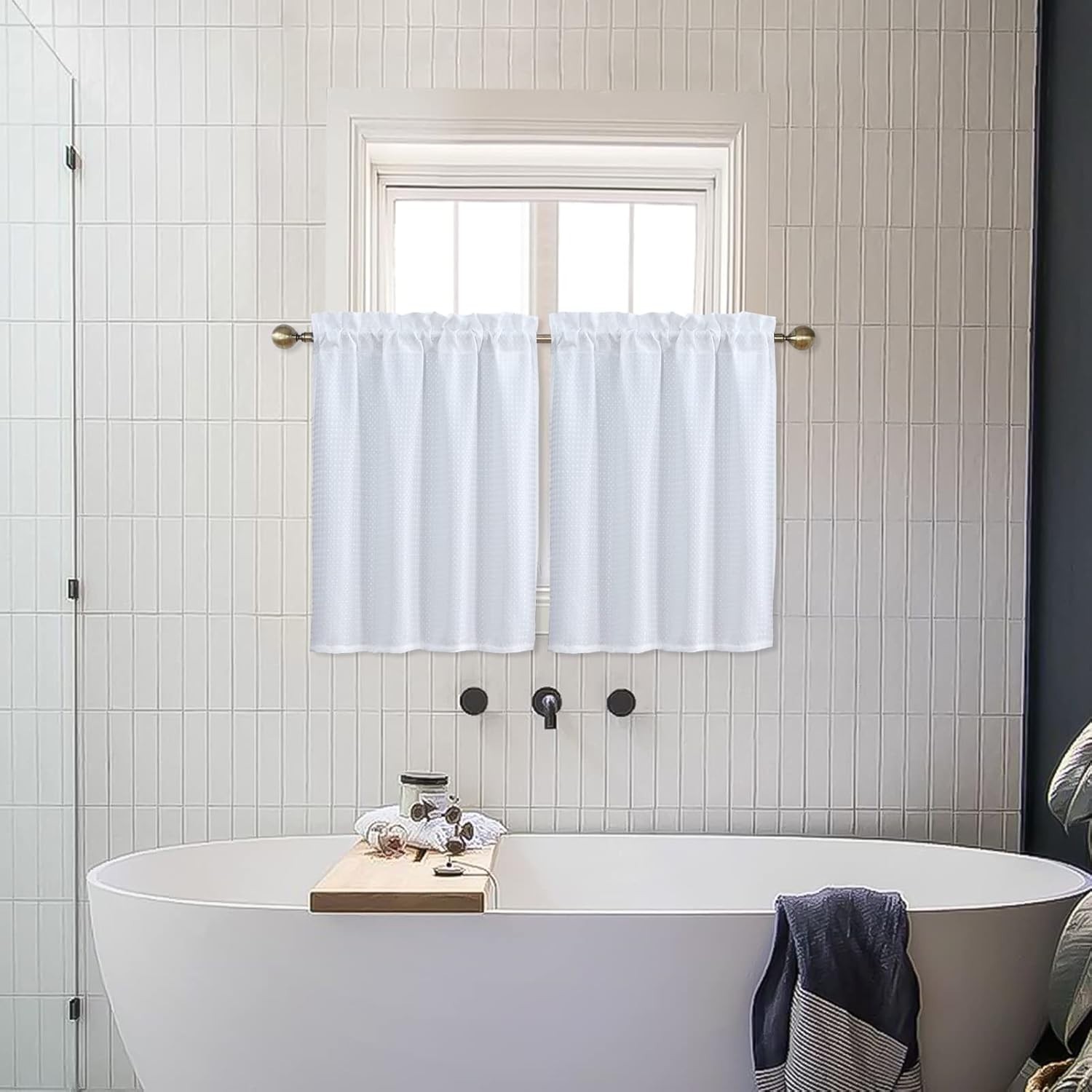 White Water Resistant Bathroom Window Curtain, Waffle Textured Half Tier Curt…