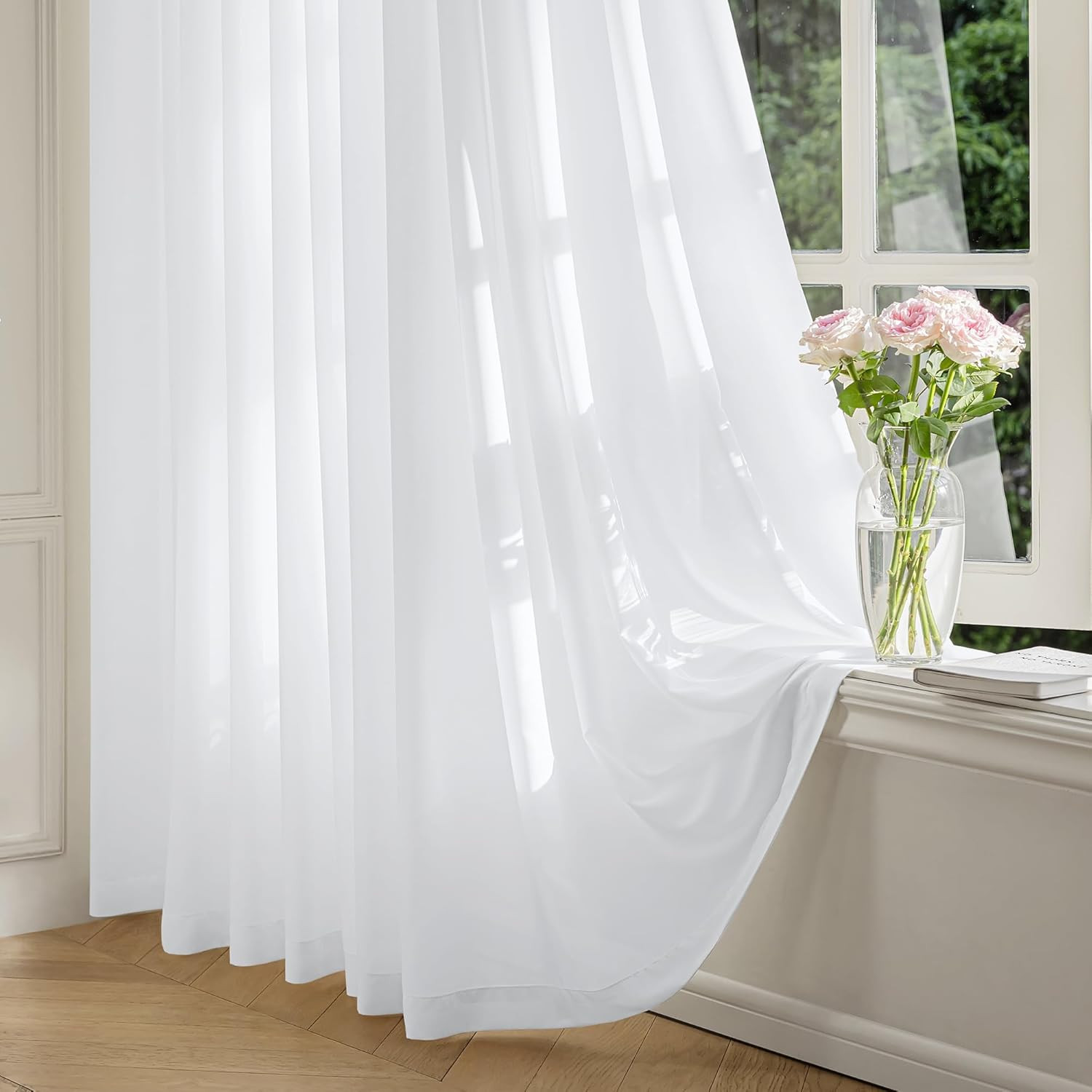 Sheer Non-See-Through White Curtains for Bedroom, Faux Silk That Let Light Curta