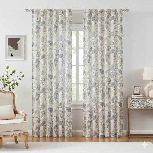 Backtab Rod Pocket Jacobean Floral Semi 52″W x 84″L (Pack of 2) Blue Grey