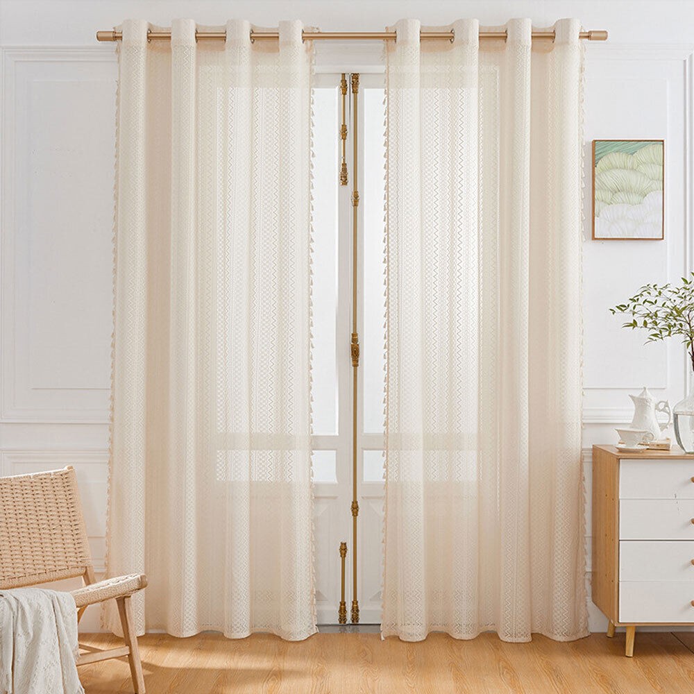 Boho Farmhouse Woven Window Curtain Panels Striped Bohemian Chic Tassel Drapes